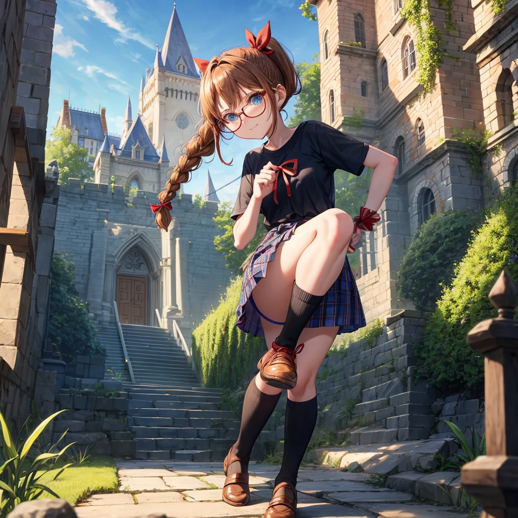 reddish-brown blonde、blue hair、blue eyes、ponytail、Braid、one good looking girl、solo、anime、Plaid miniskirt、camisole、black t-shirt、Tilting your face、Doing the ribbon、Ribbon at waist、sunset sky、stone stairs、tunnel、Fallen leaves、wearing glasses、Light and shadow、maze、monster castle、lanthanum、corridor、Black socks、mossy stone、One leg is raised、pinwheel、castle floating in the air