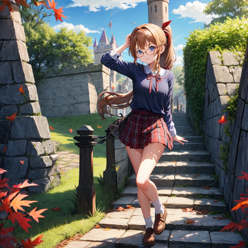 reddish-brown blonde、blue hair、blue eyes、ponytail、Braid、one good looking girl、solo、anime、Plaid miniskirt、camisole、black t-shirt、Tilting your face、Doing the ribbon、Ribbon at waist、sunset sky、stone stairs、tunnel、Fallen leaves、wearing glasses、Light and shadow、maze、monster castle、lanthanum、corridor、Black socks、mossy stone、One leg is raised、pinwheel、castle floating in the air