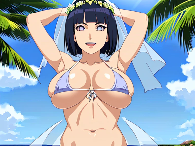 (WALLPAPER, masterpiece, 4k, anime style:1.9, ( detailed beach background, cowboy shot, looking at viewer, lying on beach, arms up, big breasts, big giant breast, open mouth, high color saturation, bold lines, bold drawing lines, (strong arms, flat belly, groin), detailed bold arm lines), (strong arms, thick arms), strong light on body, plain, bare body, (large breasts, perky boonimum clothing, taking off shirt, bare shoulders, off-shoulders, bare chest, polished nails, seductive, (very tight plain white micro bikini, wedding veil, white flower wedding crown), no shirt, showing off), hinata\(boruto\), mature female, sunbathing, milf, (curvy:0.8), solo, (short hair, hime cut), (dark blue hair color:1.1), white, flat belly, perfect eyes, white sciera, white eyes, anime eyes, smoky eyeliner, eyeshadow, perfect face, shy, sharp focus, professional artwork, intricate details, colorful, vibrant colors, vivid colors, digital blending, ultra detailed body, ultra detail hair, ultra detail face, trending on pixiv, smile, happy, very hot colors, sunny day, outdoor,
