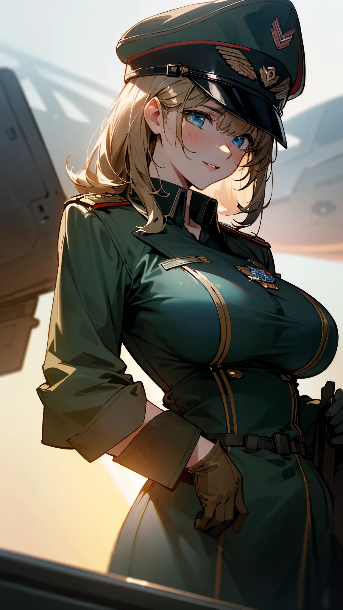Anime girl in uniform standing in front of a plane - SeaArt AI