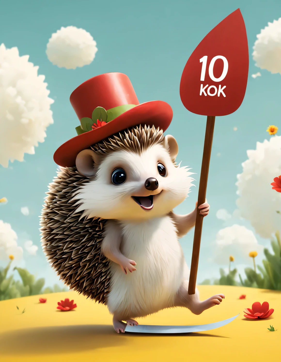 Sketchnote style creative poster design, Minimalist white negative space on yellow background, Cute happy little hedgehog floating on machete (with a big "1.0K" written in heaven: 1.34), Hedgehog wearing top hat,Wearing a red and green cotton military coat,
flat, vector, clip art, Greg Staples style, About art,