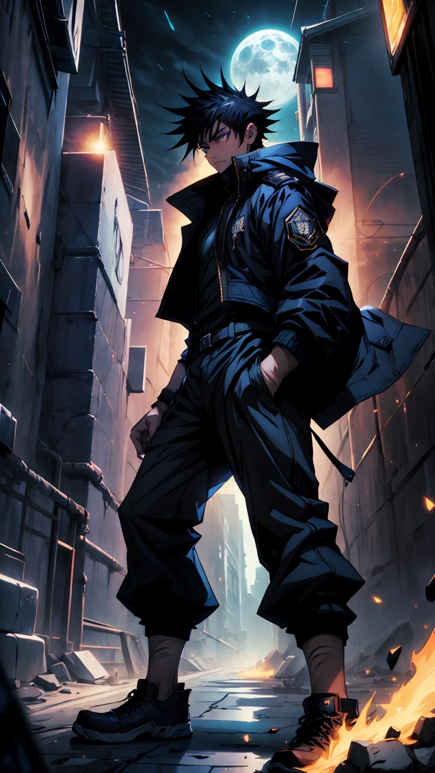 1boy, full body shot, 175 cm, megumi fushiguro, dark blue eyes, black outfit, black hair with long spikes that jut out in every direction around his head, wearing dark blue jacket over a long-sleeved white dress shirt. His uniform pants match his jacket,He wears long black socks, low-top brown shoes, dynamic battle pose, blue and dark moon city night background, wallpaper, cinematic,High resolution 8K, Bright light illumination, lens flare, sharpness, masterpiece, top-quality, The ultra -The high-definition, high resolution, extremely details CG, Anime style, Film Portrait Photography,masterpiece,hyperdetail, white and black wolf