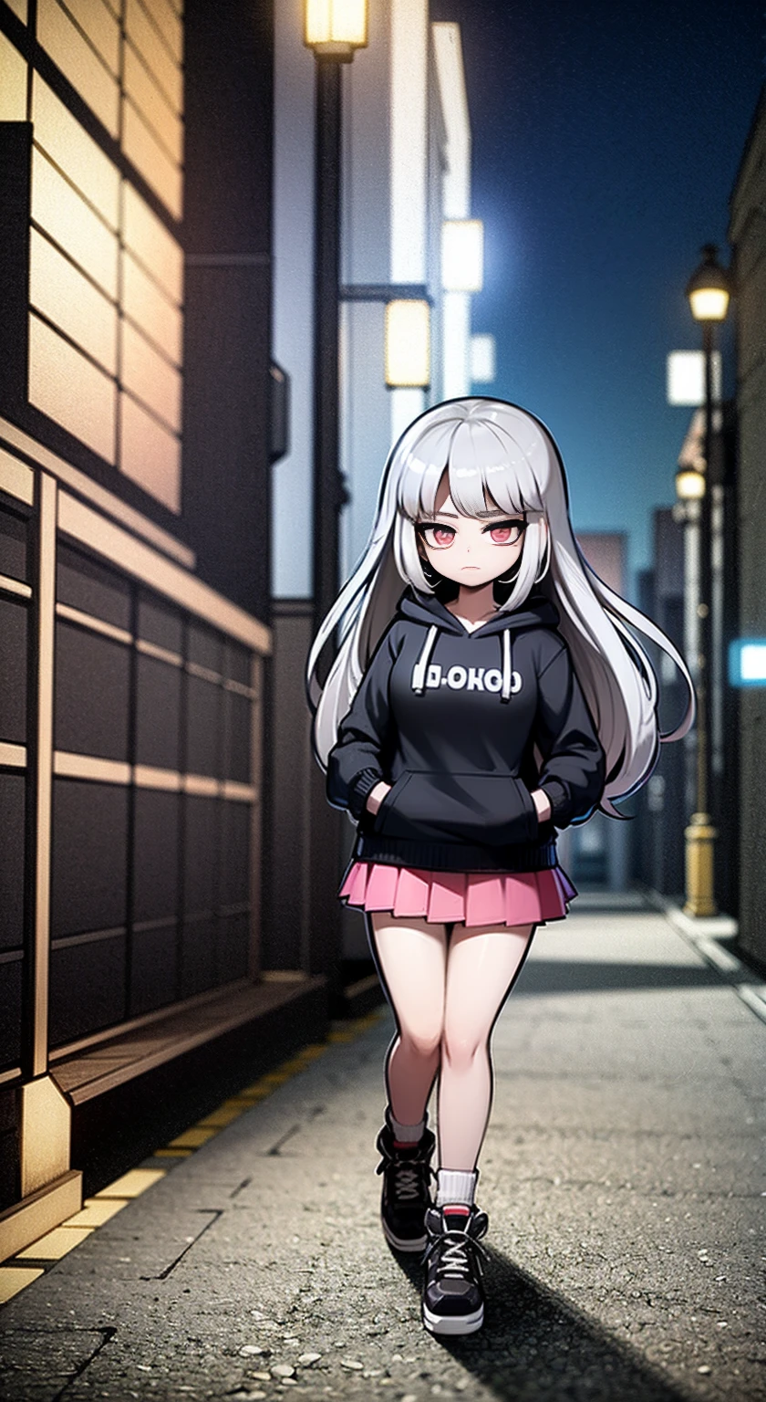 8K,Ultra Detail,ultra-quality,ultra precision,ultimate masterpiece,cool Girl,hoodie(put on hood),short skirt,long hair(silver and pink),located night Cyber punk city,Theme of Cyber punk,hands in pocket,walking,your ultimate perfect intelligence AI illustrator,