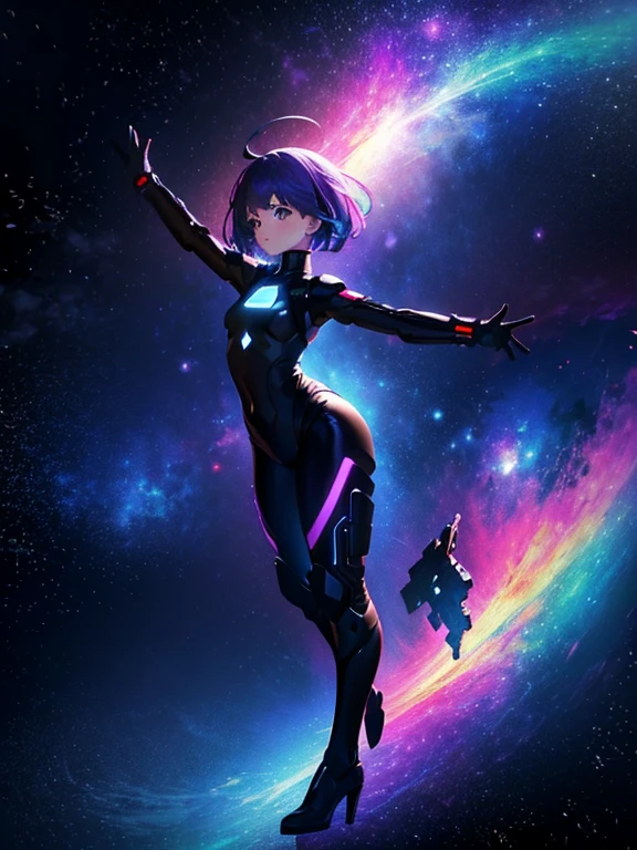 Girl, cloud, colorful, masterpiece, galaxy background、(girl silhouette)、cyber-body suit,from below,from behind、raise both arms up