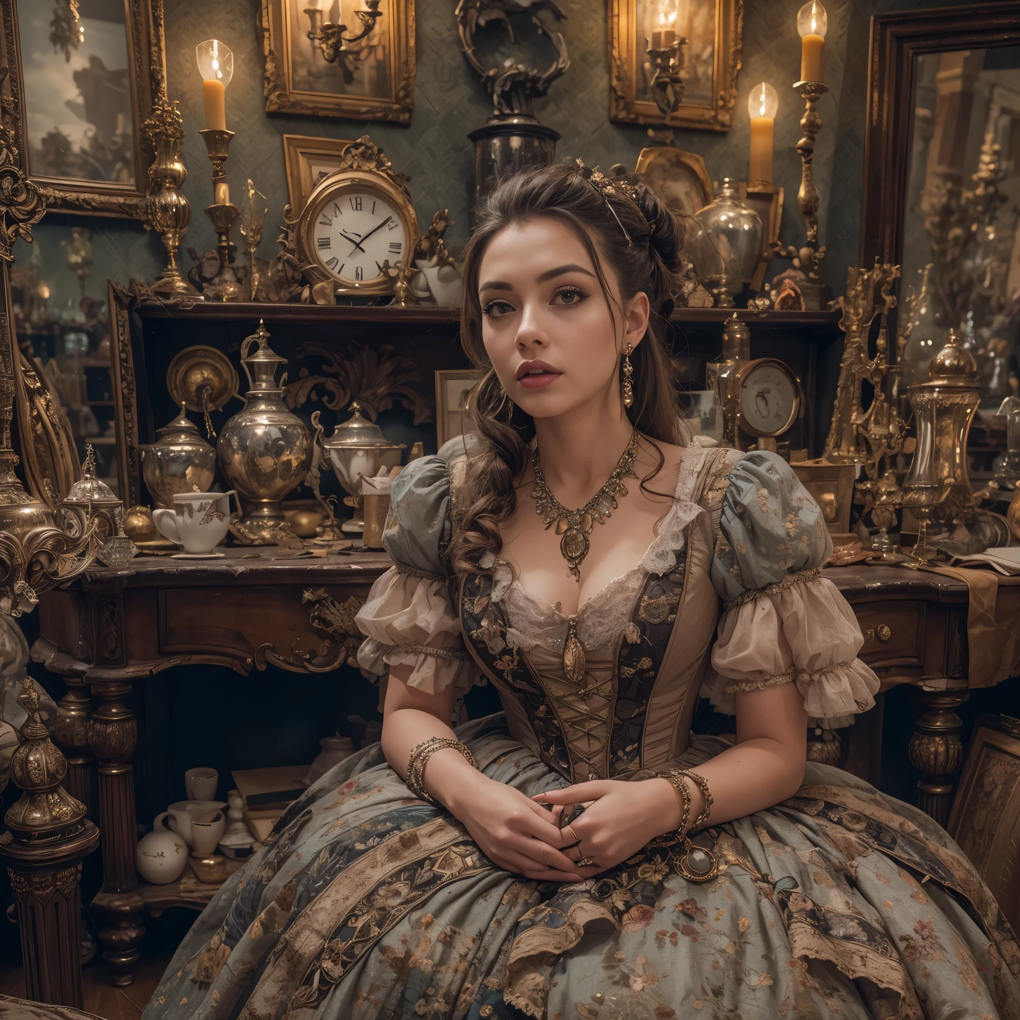 beautiful lady wearing a wrecked Victorian party dress, surrounded by antiques, gaslights, masterpiece, best quality, 8k