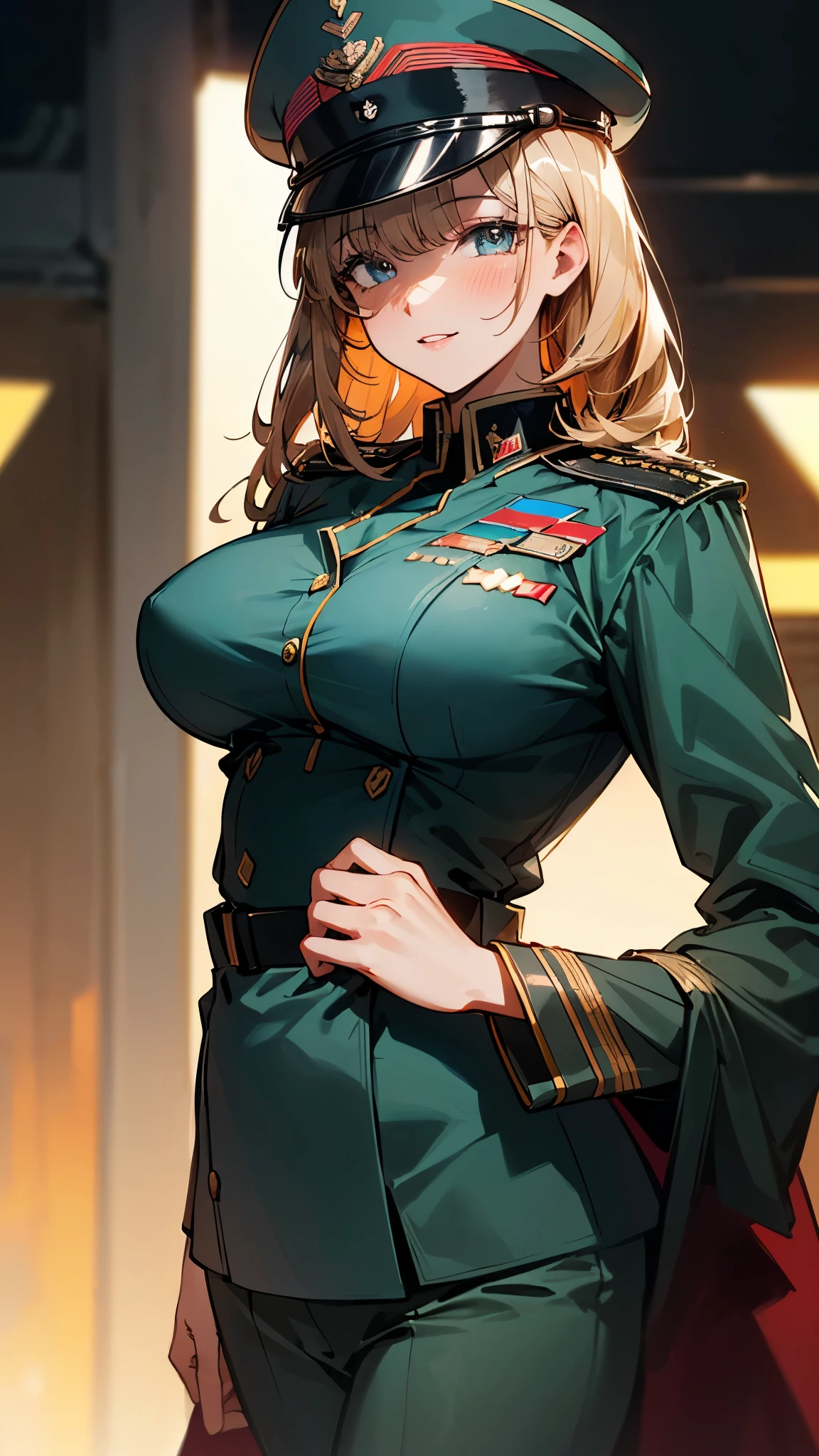 (UHD, retina, masterpiece, accurate, anatomically_correct, textured_skin, super_detail, high_details, high_quality, best_quality, high_res, 1080P, HD, 4K, 8k, 16k), (beautiful_detailed_eyes, beautiful_detailed_lips, extremely_detailed_eyes_and_face), soft_lighting, physically-based_rendering, vivid_colors, (large_breasts:1.5), (shiny_hair, shiny_skin, tanned_skin, blush), (bangs:1.5), eye_reflection, (bokeh, cockpit, science_fiction), smile_and_laugh, (military_cap, military_uniform_coat, rank_insignia:1.5),