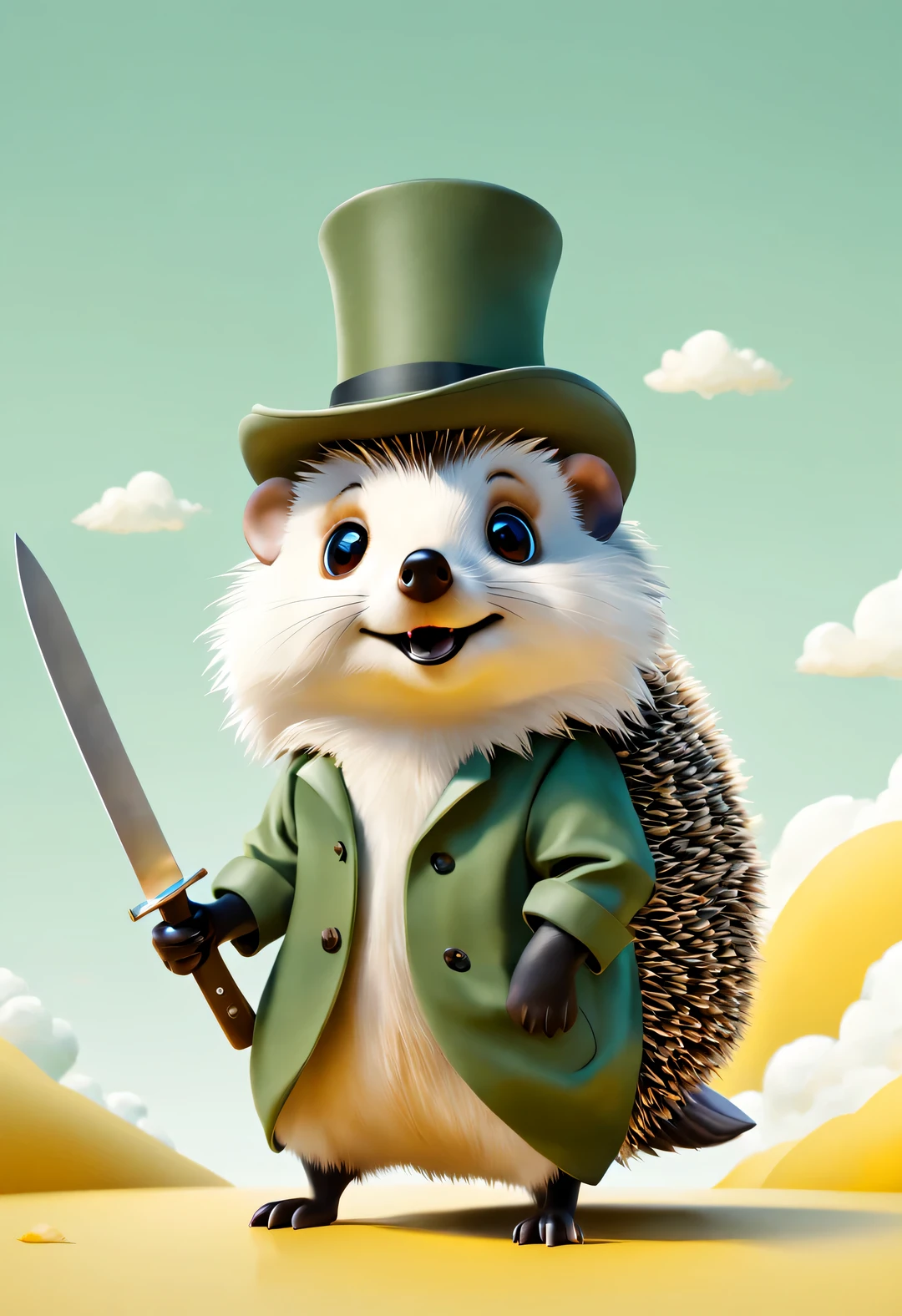 Sketchnote style creative poster design, Minimalist white negative space on yellow background, Cute happy little hedgehog floating on machete, with a big "1.0K" written on white clouds: 1.34 and (thank). Hedgehog wearing top hat,Wearing a green cotton military coat, hairy,
flat, vector, clip art, Greg Staples style, About art,