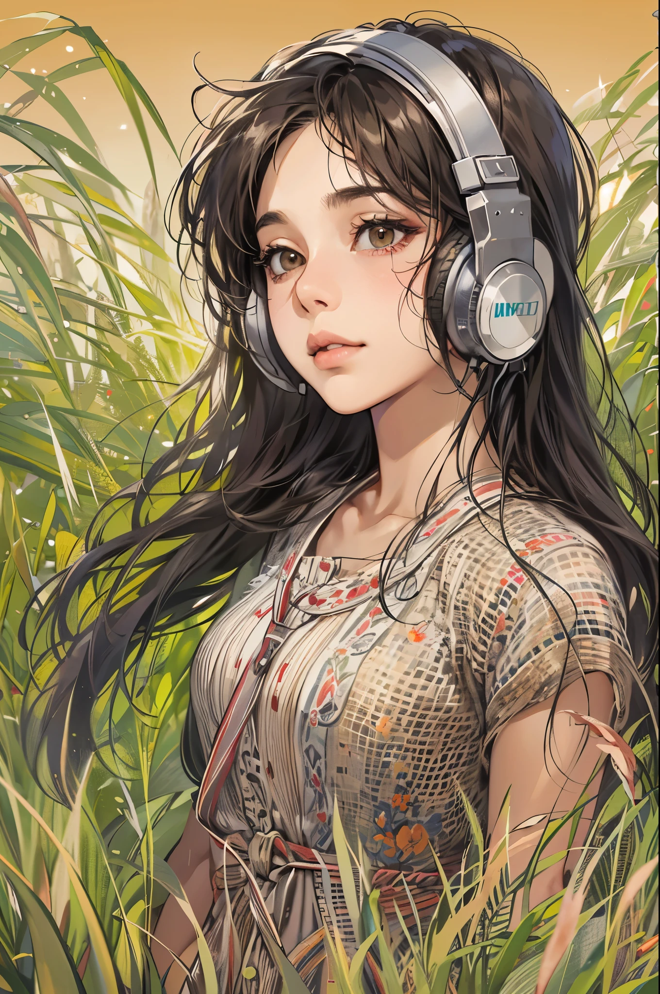 (absurdres, highres, ultra detailed, realistic, ), 1 18year-old,girl, solo, elegance, long black hair, brown eyes, earphone,sky grass background, ultra - detailed, best quality, Detailed diagram, vectorized, 8K, Graphic design, vector lines, Full-HD,upper body