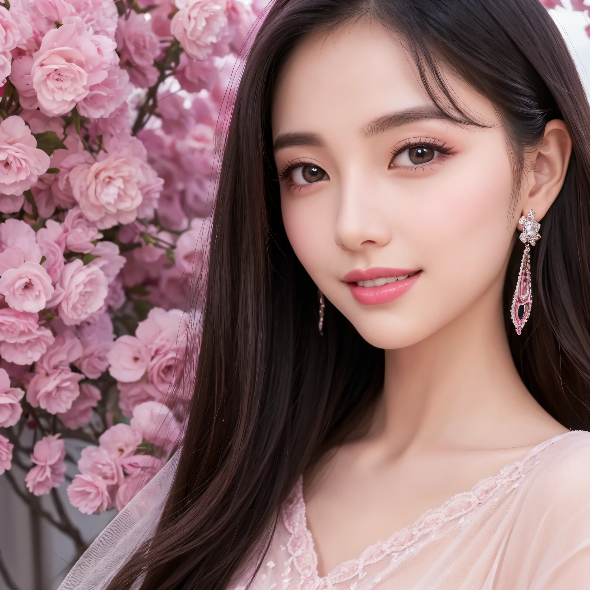 best quality,muste piece,high quality,8K,High resolution,Super detailed,People photography,It's photorealistic,Bright, real、muste piece、Live shooting、Detailed skin Eyes and eyebrows are far away、Feminine and gentle impression、The distance between the wings of the nose and the eyes is slightly narrow.、Makes the midface look longer、Strong notch at the inner corner of the eye、Styling with volume、pink lipstick、cute and feminine face、thin eyebrows、long hair with soft curls、Black hair color、cute smile、gorgeous dress、gorgeous background、Diamond Earrings