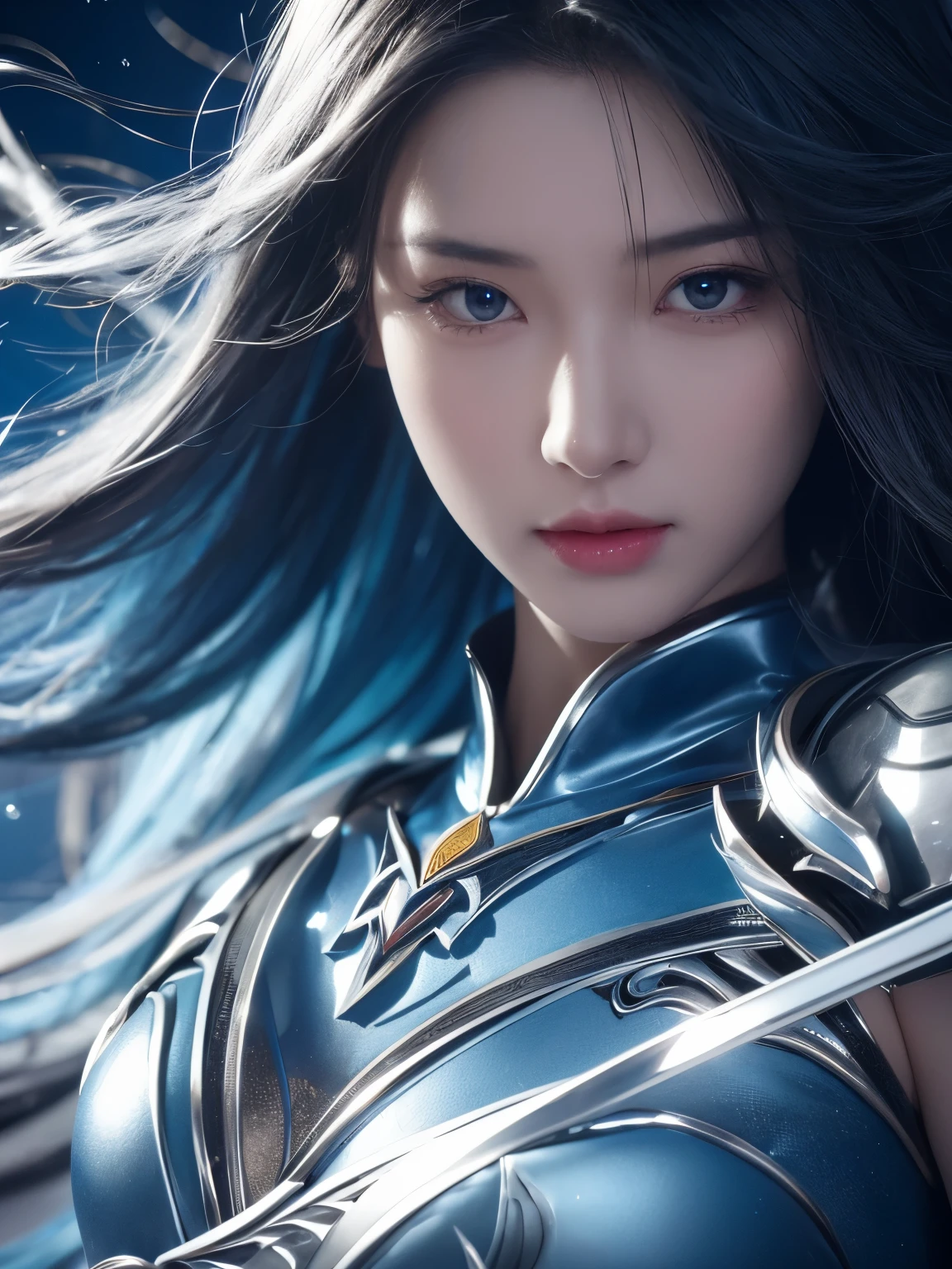 a close up of a woman in a silver and blue dress, chengwei pan on artstation, author:Yang Jie, detailed fantasy art, Stunning character art, Best Art Sites for Fan Art, Epic and beautiful character art, beautiful armor, Extremely detailed Artgerm, Detailed digital animation art, artgerm on artstation pixiv, Armor girl
