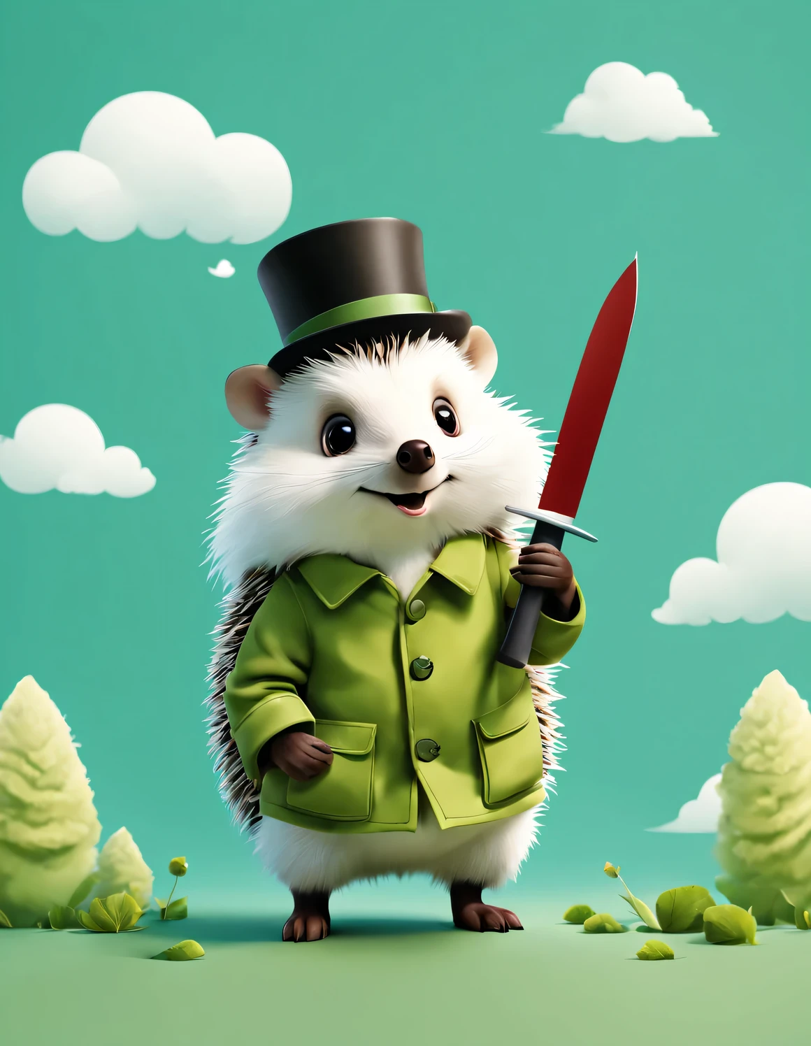 Sketchnote style creative poster design, Minimalist white negative space on yellow background, Cute happy little hedgehog floating on machete, with a big "1.0K" written on white clouds: 1.34 and (thank). Hedgehog wearing top hat,Wearing a green cotton military coat, hairy,
flat, vector, clip art, Greg Staples style, About art,