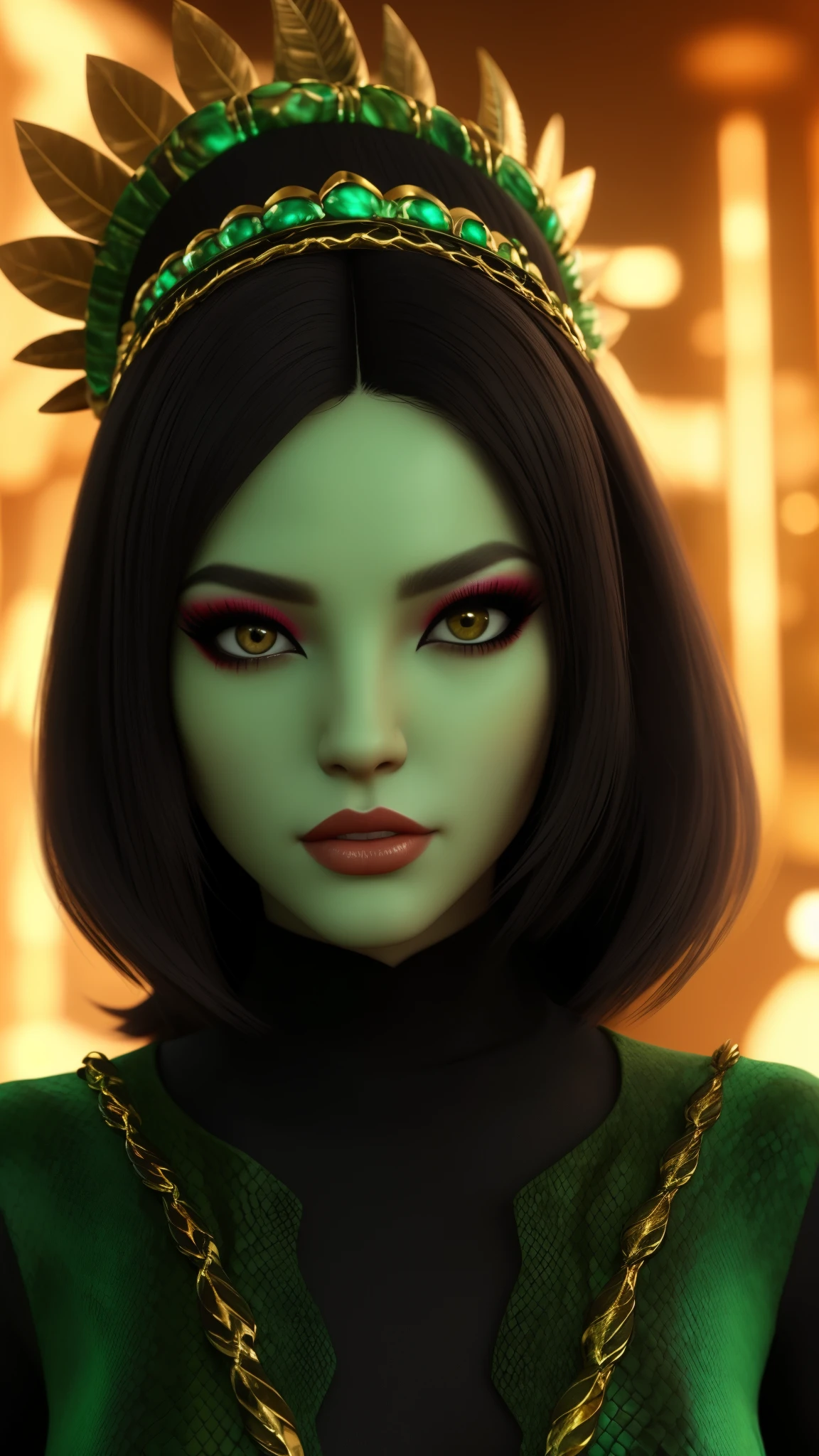 a man in green clothes、Close-up of woman wearing golden headdress, mystery,dune,welcome近景, Unreal Engine render + welcome, Hot reptilian humanoid woman, half-length close-up, welcome拍摄, Futuristic FemaleSelk'South, Unreal Engine : : carnival makeup, scaly green skin, Snakehead female killer, fashion future women