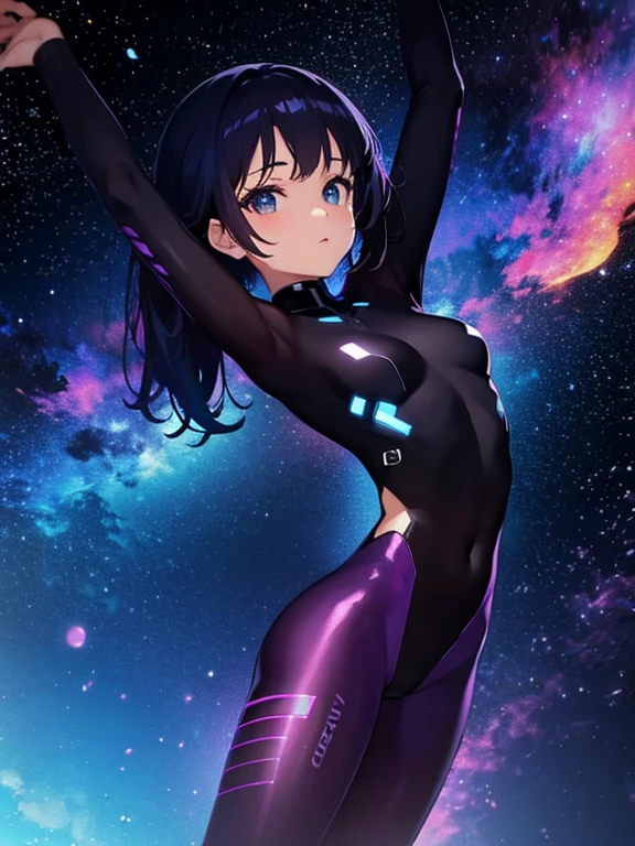 Girl, cloud, colorful, masterpiece, galaxy background、(girl silhouette)、cyber-body suit,from above,、stretch your arms up