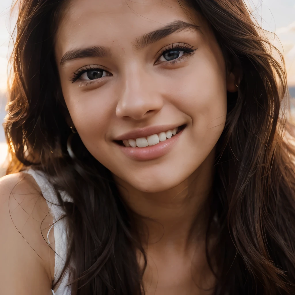 (brazilian,20 years old,Alessandra Lopez), blue eyes,dark long brown hair, full lips, smiling, beautiful teeth, seductive,portrait,realistic,highres,(vivid colors:1.1),(ultra-detailed:1.2),(studio lighting:1.1),(sharp focus:1.1), sexy, Wearing a flowy white dress, barefoot, looking dreamy with the sun setting in the background.