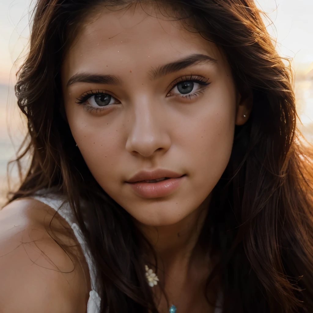 (brazilian,20 years old,Alessandra Lopez), blue eyes,dark long brown hair, full lips, seductive,portrait,realistic,highres,(vivid colors:1.1),(ultra-detailed:1.2),(studio lighting:1.1),(sharp focus:1.1), sexy, Wearing a flowy white dress, barefoot, looking dreamy with the sun setting in the background.