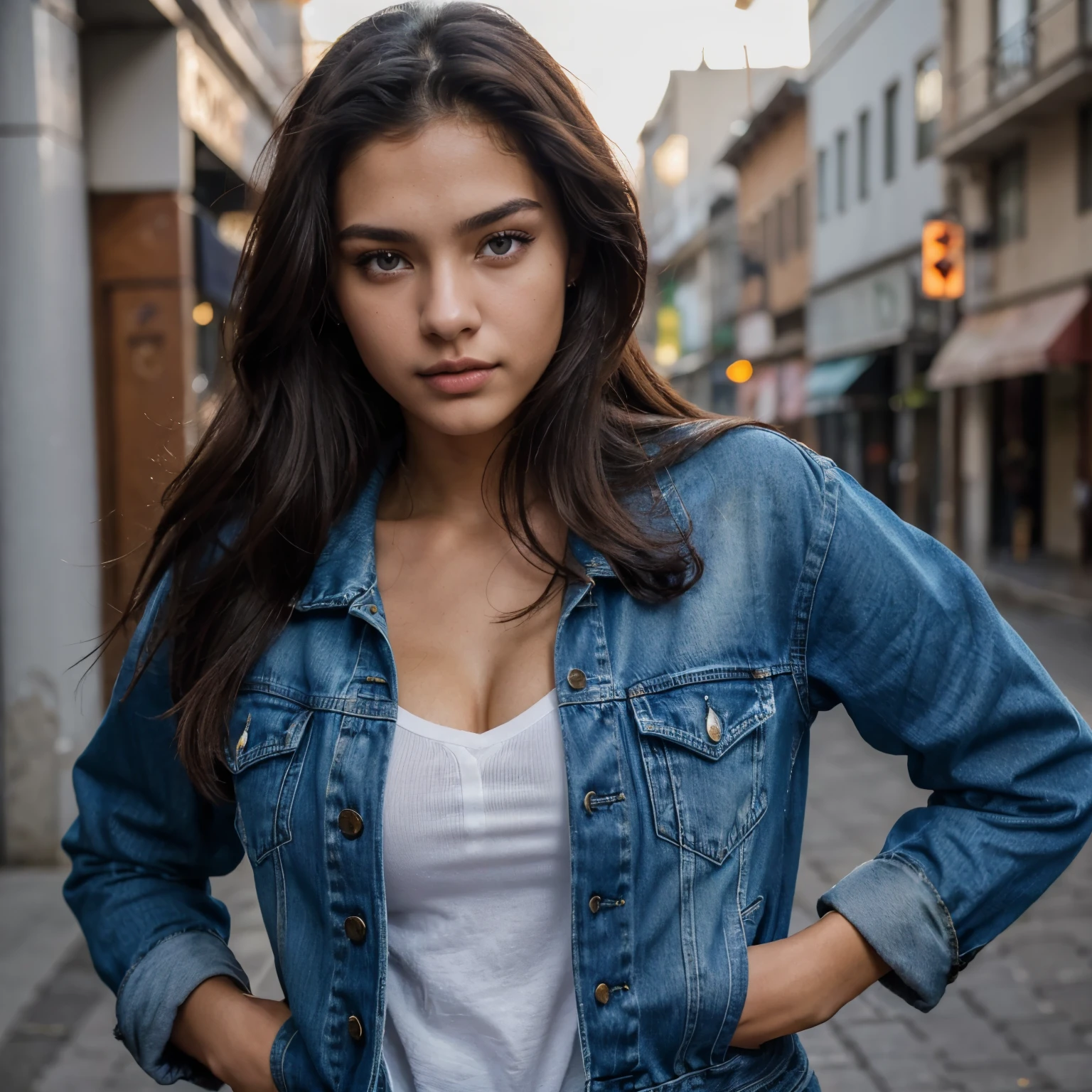 (brazilian,20 years old,Alessandra Lopez), blue eyes,dark long brown hair, full lips, seductive,portrait,realistic,highres,(vivid colors:1.1),(ultra-detailed:1.2),(studio lighting:1.1),(sharp focus:1.1), sexy, Street style in a vibrant city, wearing a denim jacket, posing confidently with a serious expression.