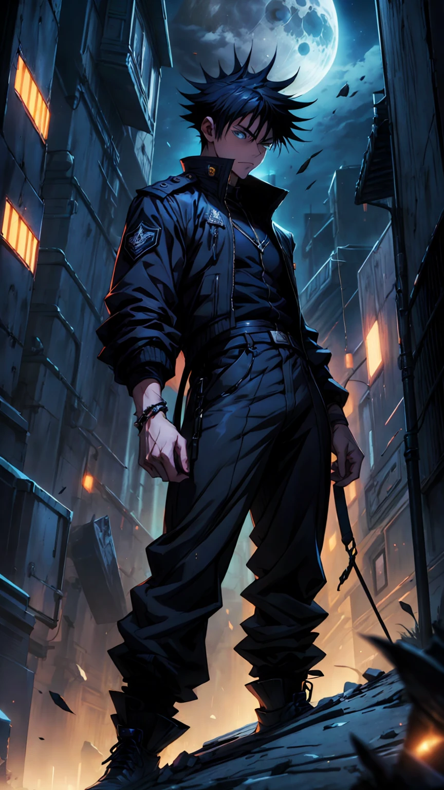 1boy, full body shot, 175 cm, megumi fushiguro, dark blue eyes, black outfit, black hair with long spikes that jut out in every direction around his head, wearing dark blue jacket over a long-sleeved white dress shirt. His uniform pants match his jacket,He wears long black socks, low-top brown shoes, dynamic battle pose, blue and dark moon city night background, wallpaper, cinematic,High resolution 8K, Bright light illumination, lens flare, sharpness, masterpiece, top-quality, The ultra -The high-definition, high resolution, extremely details CG, Anime style, Film Portrait Photography,masterpiece,hyperdetail, white and black wolf