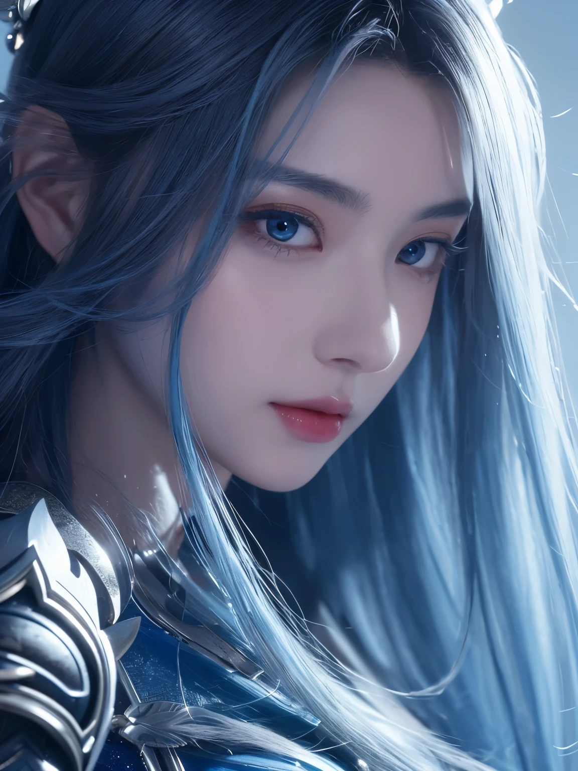 a close up of a woman in a silver and blue dress, chengwei pan on artstation, author:Yang Jie, detailed fantasy art, Stunning character art, Best Art Sites for Fan Art, Epic and beautiful character art, beautiful armor, Extremely detailed Artgerm, Detailed digital animation art, artgerm on artstation pixiv, Armor girl