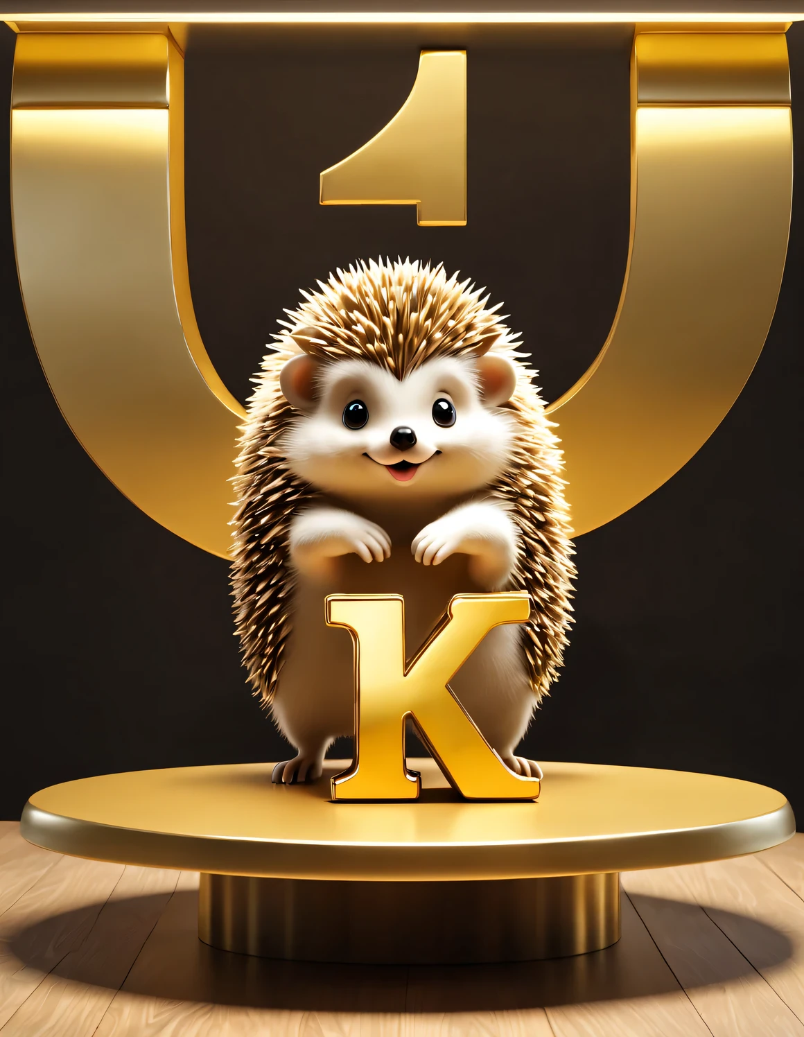 (Kawaii cartoon universe hedgehog bowing to the table), (There is a huge golden letter on the table "1K": 1.2), tilt and move, cartoon, illustration, 3d rendering,