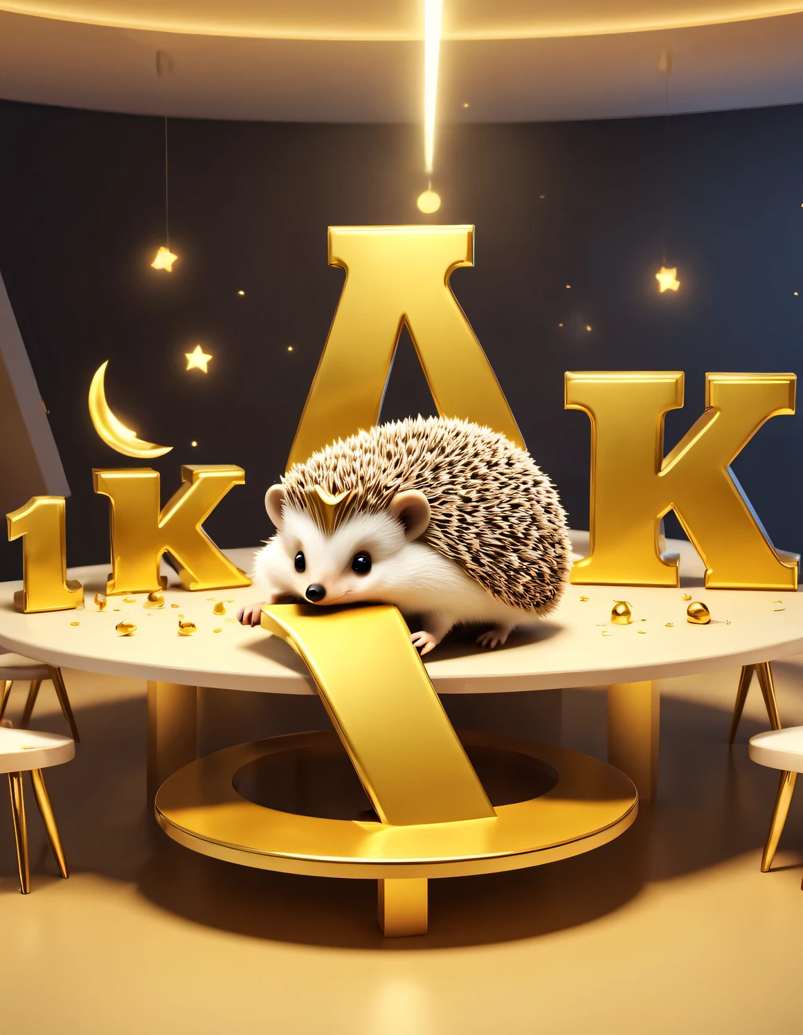 (Kawaii cartoon universe hedgehog bowing to the table), (There is a huge golden letter on the table "1K": 1.2), tilt and move, cartoon, illustration, 3d rendering,