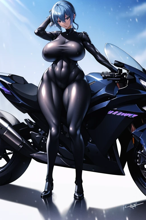 (1girl:1.4),(solo:1.4),(full body:1.4),(motor vehicle, motorcycle, on motorcycle, ground vehicle, riding a motorcycle, riding, driving), An exceptionally stunning supermodel standing at 180cm tall,showcasing incredibly ultra long gorgeous legs, ((gigantic sagging breasts, large breasts, gigantic breasts, sagging breasts)),(saggy tits:1.1),(sagging breast:1.1),(huge breasts:1.8),(tiny waist:1.1),(super tall:1.4), (Very slim and slender muscular body:1.3), (long leges:1.5), (Extremely beautiful face, Beautiful lips, Beautiful eyes), (thicc:1.5), wide hips, perfect hand,good hands,shimohirareika,shimohirareika3D,sexy pose,gravure pose,sweat,close up,arm up,arm at behind back,(gantz power bodysuit:1.4),dof,sharp focus, hoshimachisuisei, suisei hoshimachi, blue eyes, blue hair, choker, hair between eyes, medium hair, side ponytail, star choker, (photorealisic:1.4),Best Quality,Masterpiece,Highest resolution,Raw Photo,intricated nipple detail,Realistic Skin Detail,