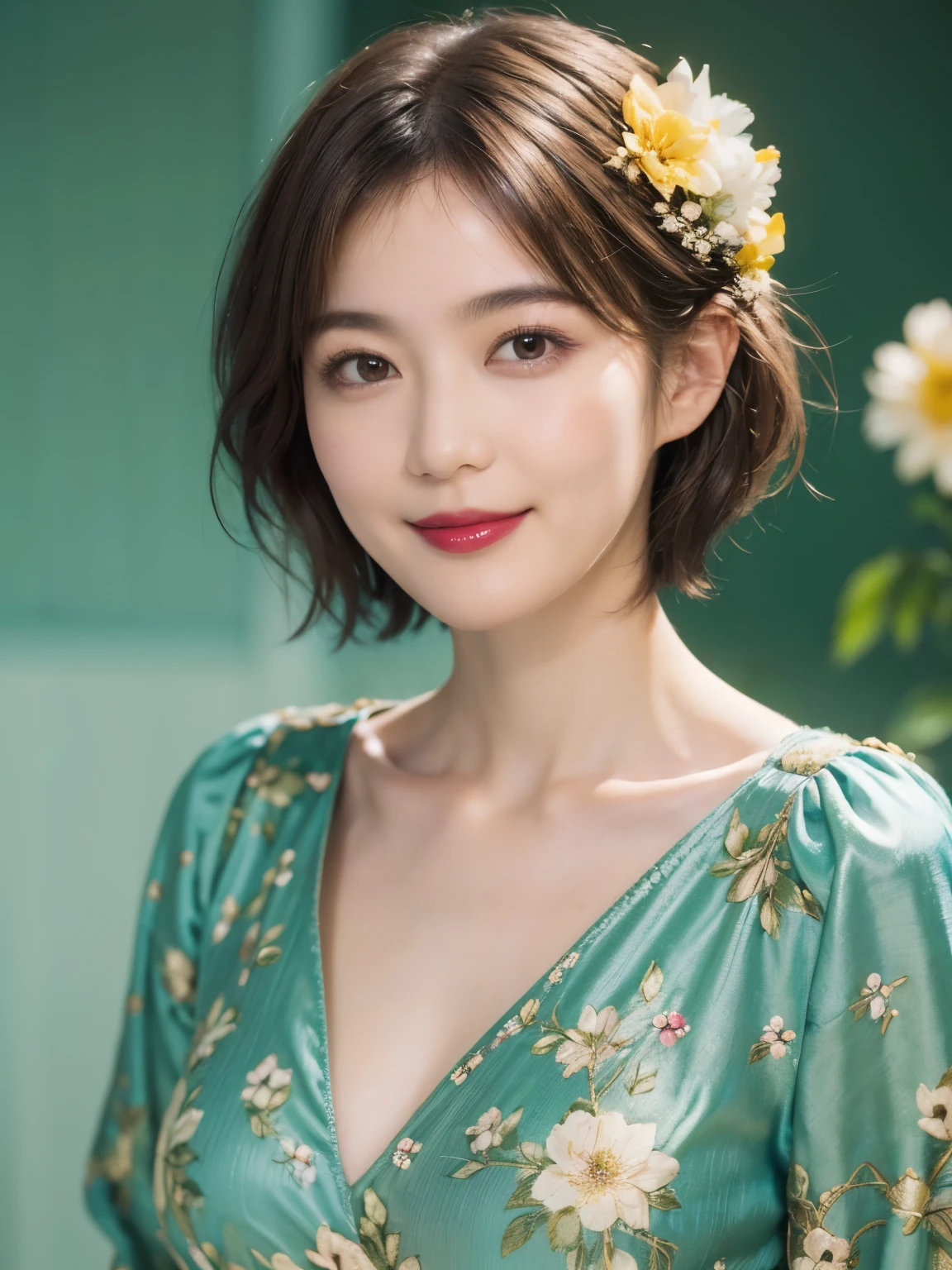 148
(20 year old woman,Floral costume), (surreal), (High resolution), ((beautiful hairstyle 46)), ((short hair:1.46)), (gentle smile), (breasted:1.1), (lipstick)
