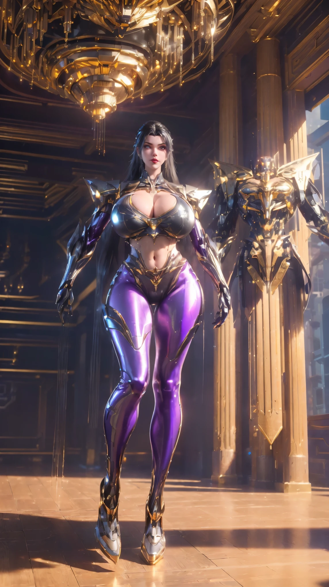 HALF BODY,SOLO,(PHOENIX GOLD HELM), (GIGANTIC FAKE BREAST,CLEAVAGE,MUSCLE ABS:1.5), (PURPLE SHINY FUTURISTIC MECHA SCI-FI CROP TOP:1.5), (BLACK MECHA SKINTIGHT LEGGINGS:1.5),(SLENDER BODY MATURE WOMAN:1.5), (SWEATY BUSTY BODY:1.5), (LOOKING AT VIEWER:1.3),(PORTRAIT:0.8),(HALLROOM OF FUTURISTIC SPACE STATION:1), (PHOTOREALSITIC:1.4), (ULTRA-DETAILLIERT), (TOP-QUALITY), (BEST SHADOWS), (MASTERPIECE), BRIGHT LIGHT IN ROOM, HYPER TEXTURE, (4X MSAA), ((UNREAL ENGINE 5 RENDER)), PHYSICALLY-BASED RENDERING, ULTRA HIGHT DEFINITION, 16K, 1080P.