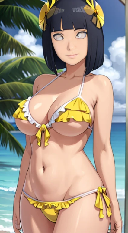 (masterpiece), best quality, perfect face, beach background, clothes((frilly, bikini, yellow bumblebee)), short dark blue hair, looking at viewers, big , looking at viewers, front facing, front view, happy face, perfect shaped beautiful body, ultra realistic detailed white eyes ,thick waist, realistic