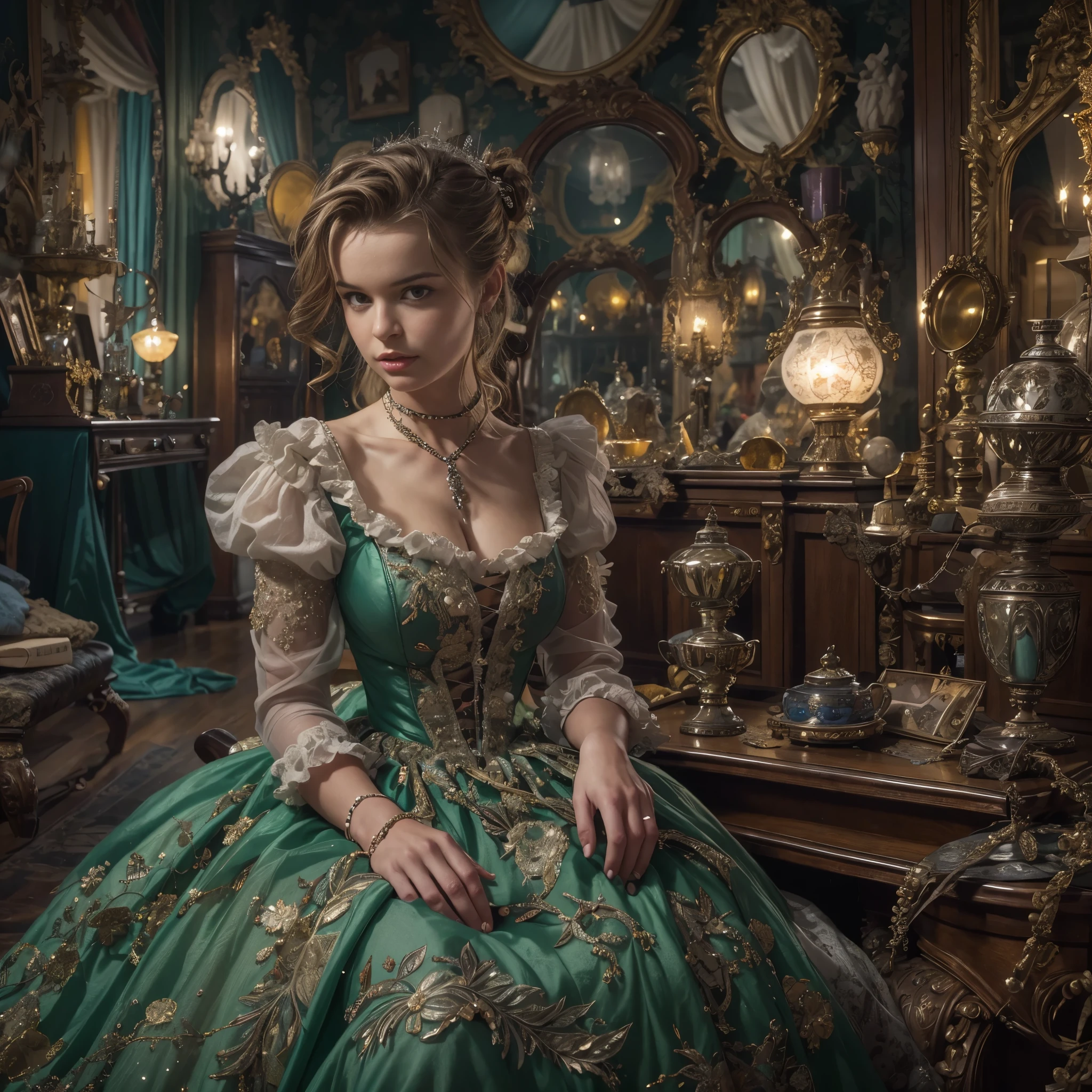 beautiful lady wearing a wrecked Victorian party dress, surrounded by antiques, gaslights, masterpiece, best quality, 8k, renatadaninsky