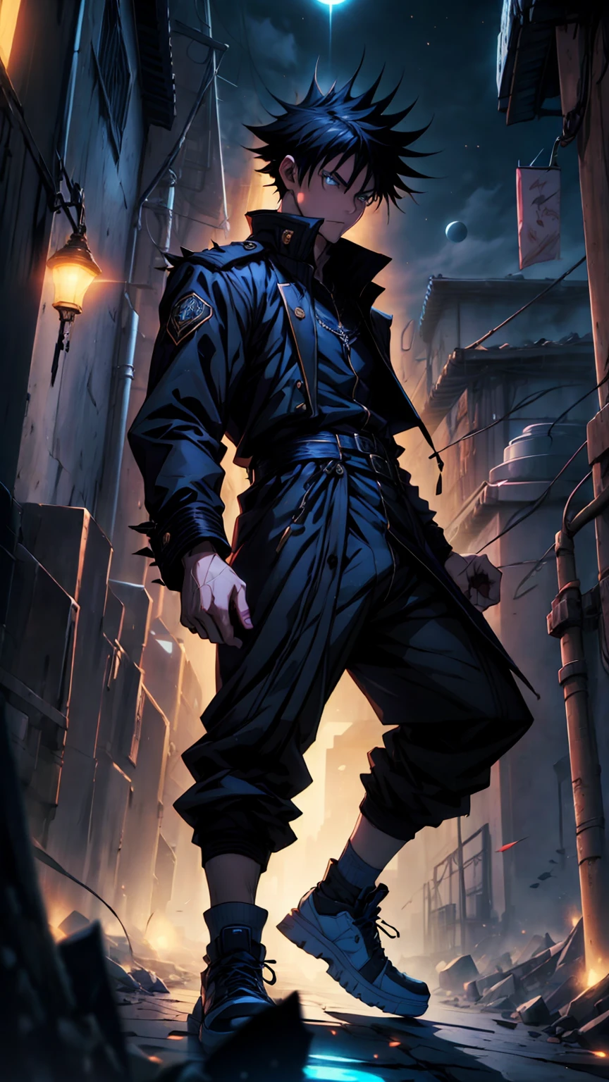 1boy, full body shot, 175 cm, megumi fushiguro, dark blue eyes, black outfit, black hair with long spikes that jut out in every direction around his head, wearing dark blue jacket over a long-sleeved white dress shirt. His uniform pants match his jacket,He wears long black socks, low-top brown shoes, dynamic battle pose, blue and dark moon city night background, wallpaper, cinematic,High resolution 8K, Bright light illumination, lens flare, sharpness, masterpiece, top-quality, The ultra -The high-definition, high resolution, extremely details CG, Anime style, Film Portrait Photography,masterpiece,hyperdetail, white and black wolf