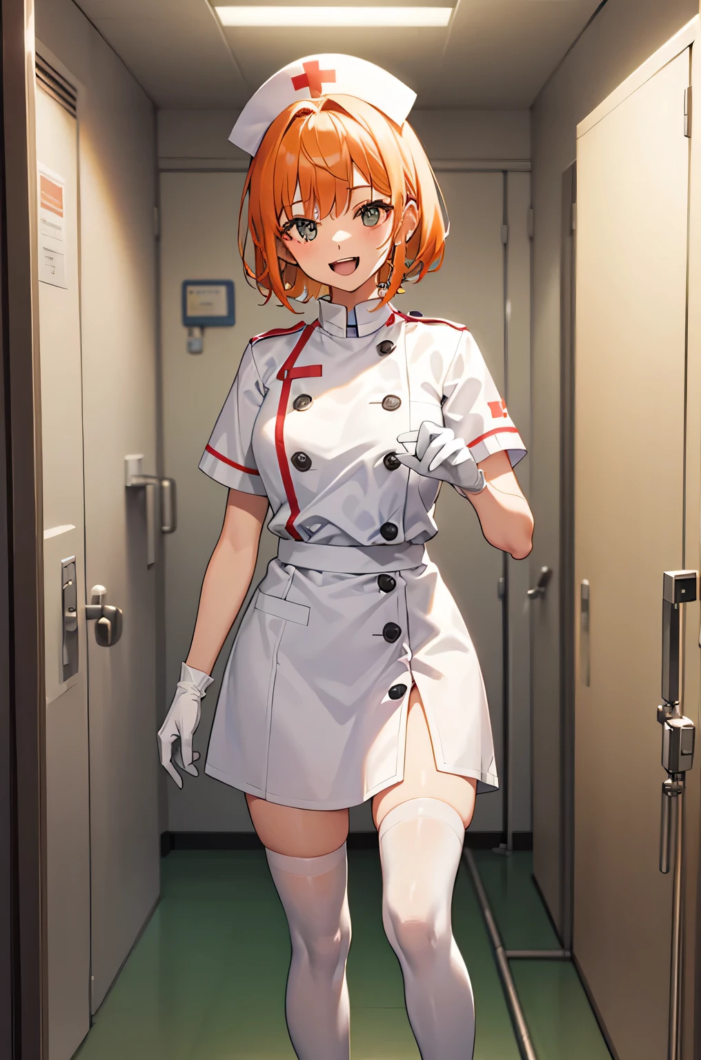 1 girl, alone, nurse, nurse cap, White nurse uniform, ((white legwear, zettai ryouiki)), white gloves, very short hair, orange hair, smile, open your mouth, Are standing, ((hospital room)), sharp outline, short sleeve, Tomboy, boyish, highest quality, masterpiece