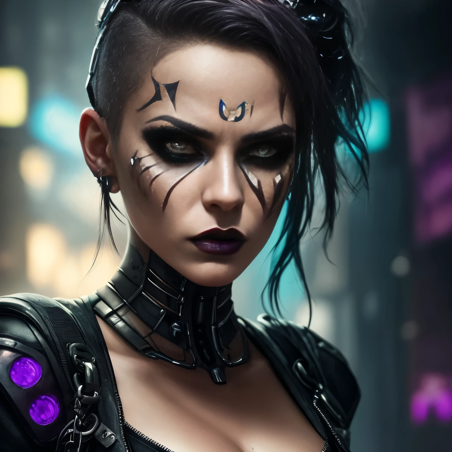 a close-up of a woman with a very strange face and strange hair, horror cyberpunk style, angry cyberpunk beautiful goddess, cyborg woman, hyper-realistic cyberpunk style, cyborg girl, cyberpunk style,hyper-realistic, intricate cyberpunk makeup - up, cyborg - girl, cyborg fashion model, Detailed portrait of a cyborg, cyberpunk cyborg, angry female cyborg