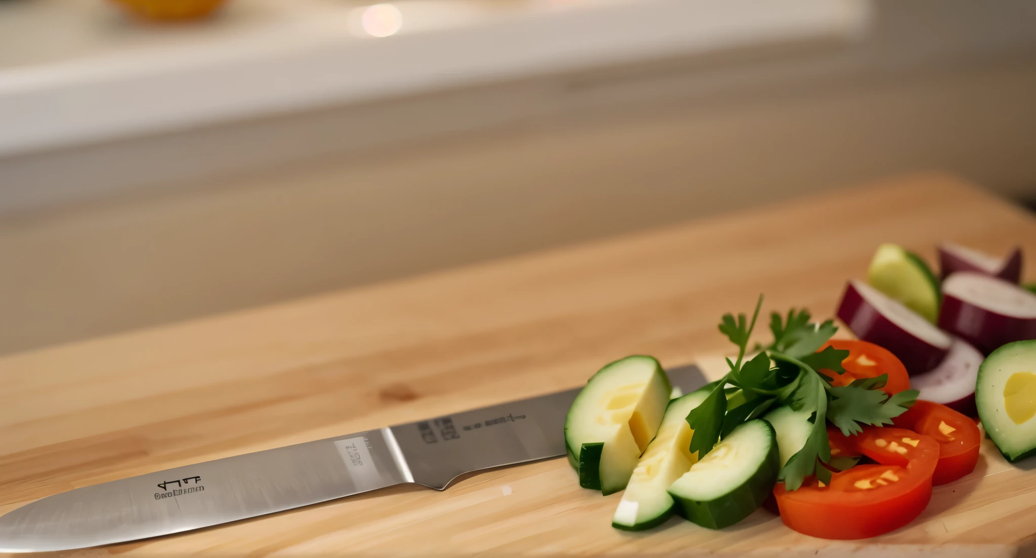 there is a cutting board with a knife and vegetables on it, blurred background, slightly blurred, Out-of-focus background, The background is out of focus, some Blur background, The background is out of focus, blurred detail, Blur background, background blurred, blurred photo, blurred, Kitchen background, Blur background, on a dark background, artistic interpretation, blurred backround