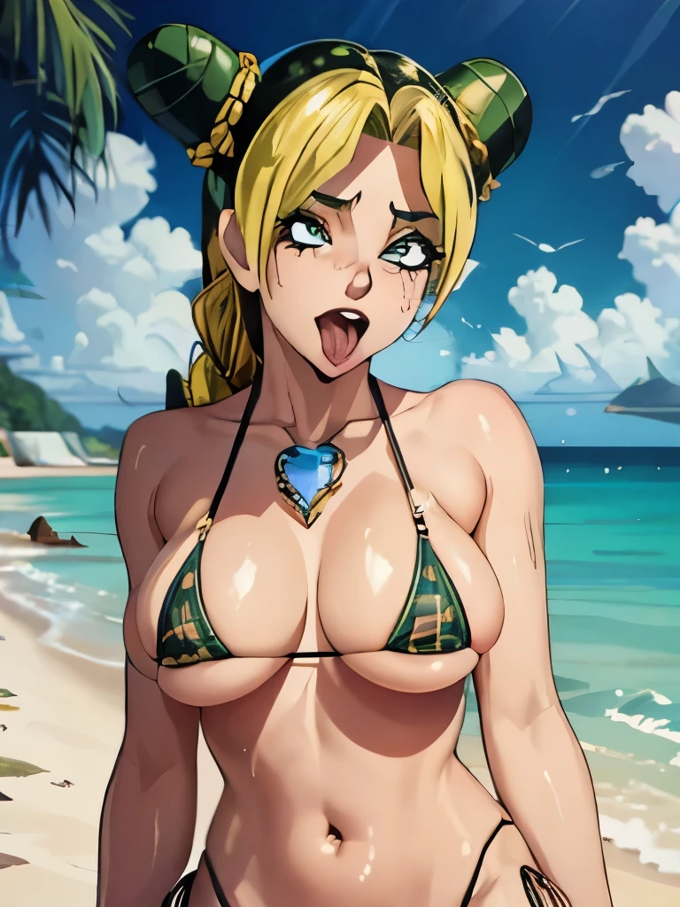  jolyne, big breasts, (micro bikini)
(((shiny hair, shiny skin))) ((sticking out tongue))