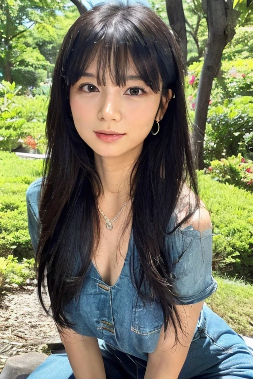 ((High-resolution RAW photography of a Japanese woman in Playful Sitting Pose, bright park. Bust 65cm, underbust 50cm, waist 62cm. Wearing bright casual dress. Black, straight, long hair. Cheerful, lively expression. Vibrant, outdoor park setting. Photorealistic light and shadow.))