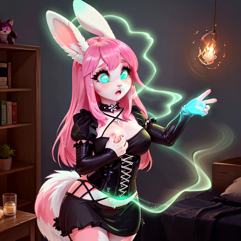 shocked bunny in gothic make up with white fur long Pink hairs with Blue Highlights and glowing Green eyes wearing gothic clothes looking at her body there are some traces of magic floating around her she is in a bedroom
