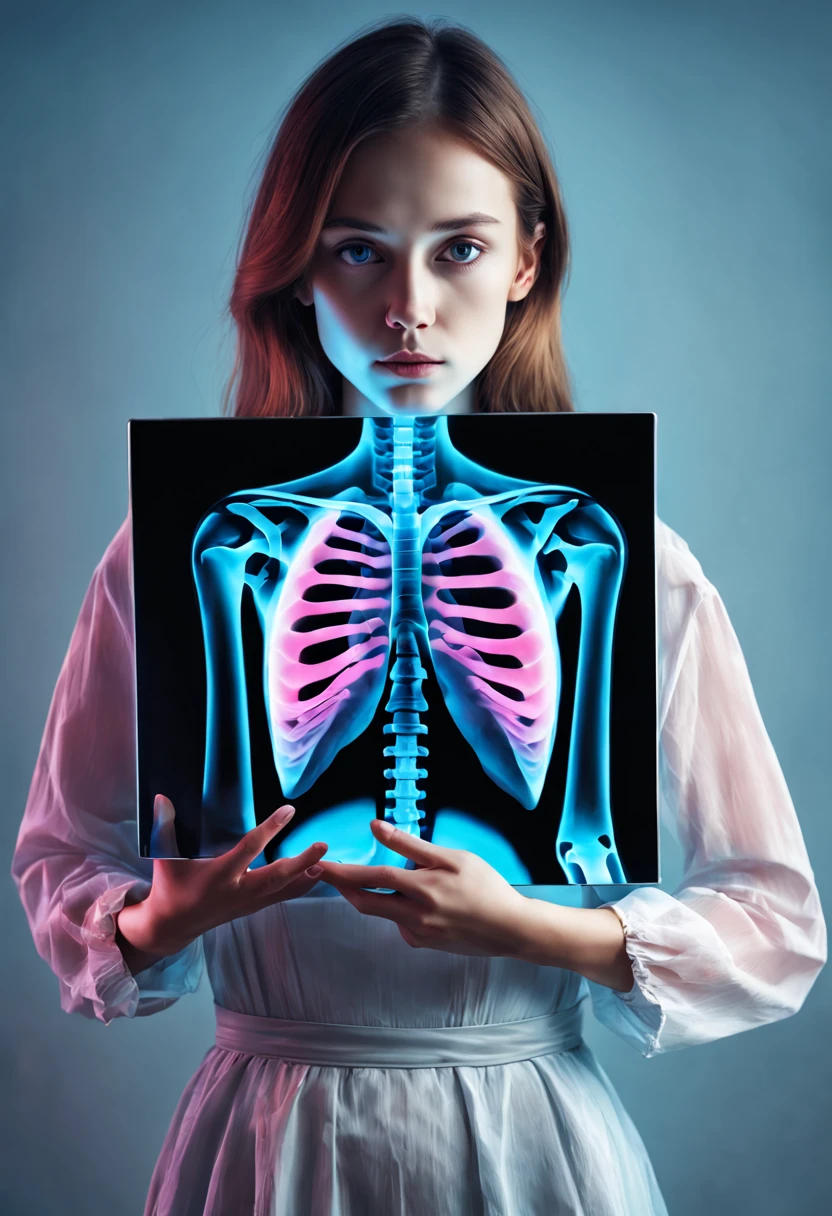 (Beautiful girl holds a large x-ray chest x-ray in her hands,superposition)。Optical illusion art illustration,bright colors,Detailed mirror reflection,Realistic lighting,highlight,portrait,Surreal,Ethereal,distortion,abstract,concept art