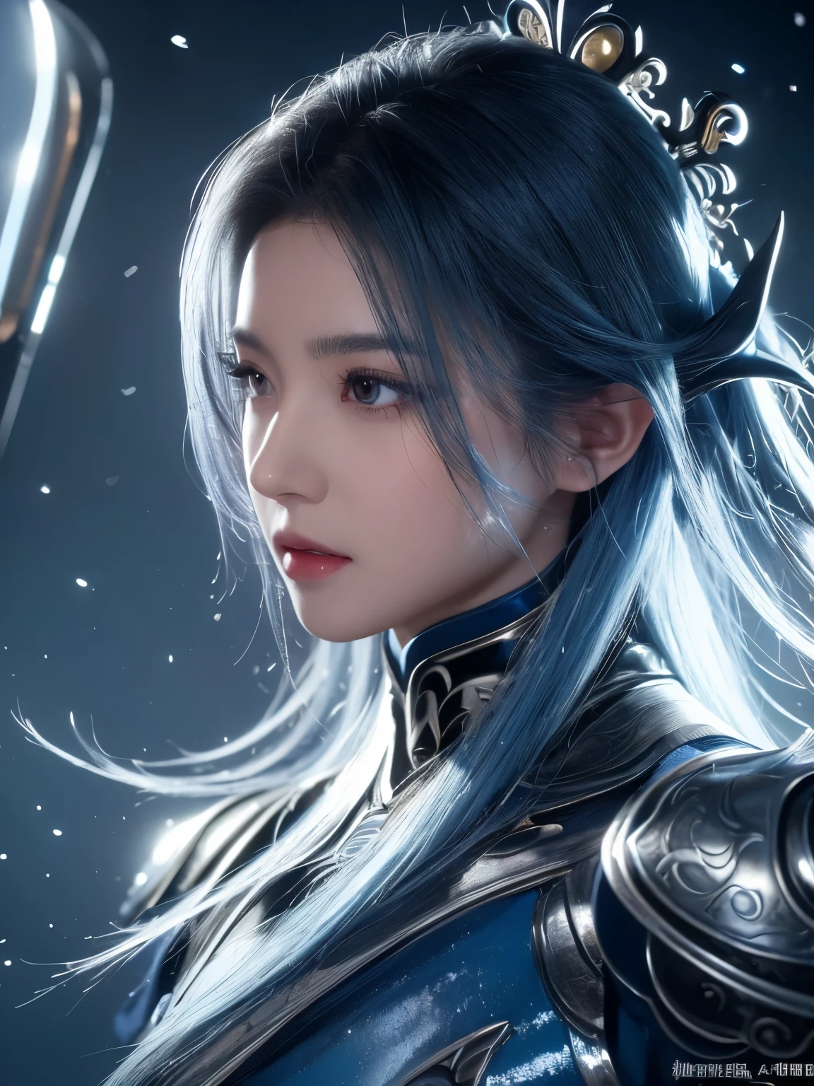 a close up of a woman in a silver and blue dress, chengwei pan on artstation, author：Yang Jie, detailed fantasy art, Stunning character art, Best Art Sites for Fan Art, Epic and beautiful character art, beautiful armor, Extremely detailed Artgerm, Detailed digital animation art, artgerm on artstation pixiv, Armor girl