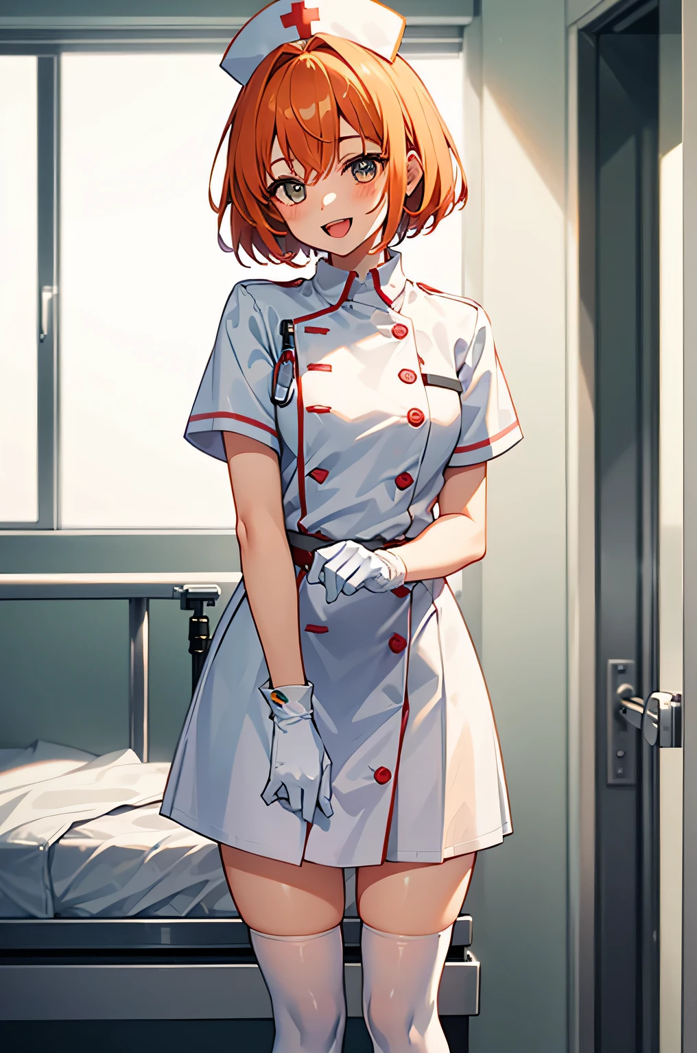 1 girl, alone, nurse, nurse cap, White nurse uniform, ((white legwear, zettai ryouiki)), white gloves, very short hair, orange hair, smile, open your mouth, Are standing, ((hospital room)), sharp outline, short sleeve, Tomboy, boyish, highest quality, masterpiece