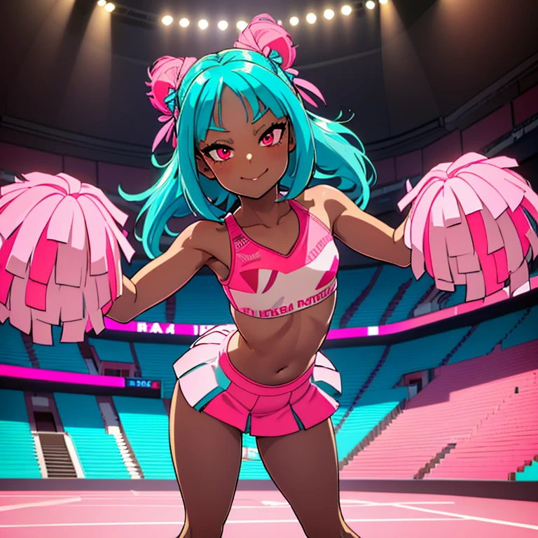 ((masterpiece)), high quality, best quality, beautiful, hd, perfect lighting, detailed face, detailed body, 1 girl, solo, full body view, wide angle, ((dark brown skin:1.3)), ((turquoise hair:1.3, pink eyes, small breasts)), cheeky smile, at the sports court, wearing a Cheerleader outfit, cheerleader, doing a high kick, penis,