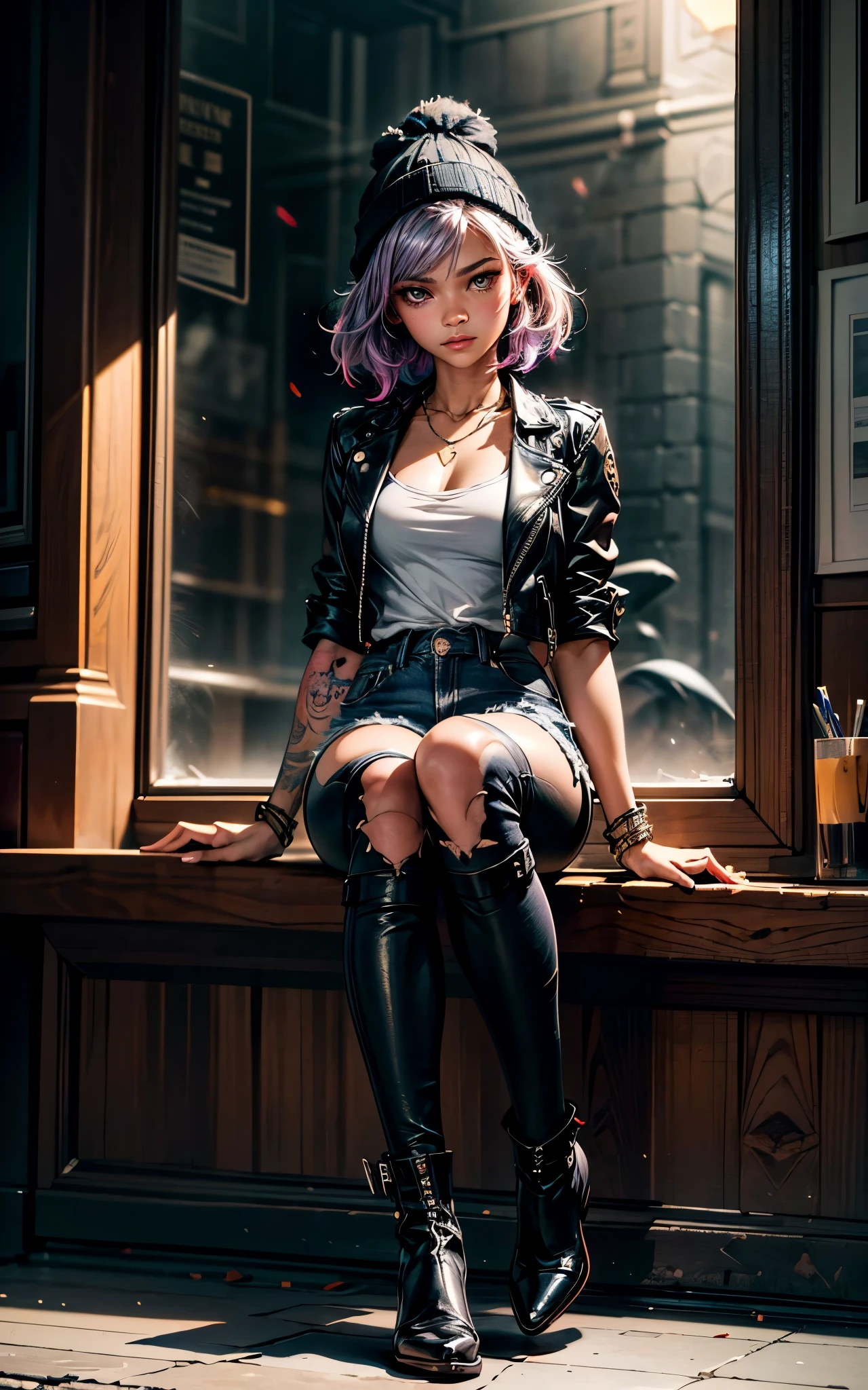(zendaya), at the the Grand Central Terminal, cinematic, medium shot, whole head in frame, detailed face, detailed eyes, evening, punk aesthetic, pale blue ripped jeans, braces, suspenders, black boots, white shirt, skull, heart, necklace, chain, bullets, black leather jacket, dark blue beanie, tattoo sleeve, right arm, intricate design, flowers, yellowed skull, dyed hair, light purple roots, blue ends, navy T-shirt, rock, chick, messy hair, Full body, Beautiful anime waifu style girl,hyperdetailed painting, luminism, art by Carne Griffiths and Wadim Kashin concept art, dark background, abstract beauty, approaching perfection, pure form, golden ratio, minimalistic, dark atmosphere, unfinished, concept art, by Brian Froud and Carne Griffiths and Wadim Kashin and John William Waterhouse, intricate details, 8k post production, high resolution, hyperdetailed, trending on artstation, sharp focus, studio photo, intricate details, highly detailed, by greg rutkowski