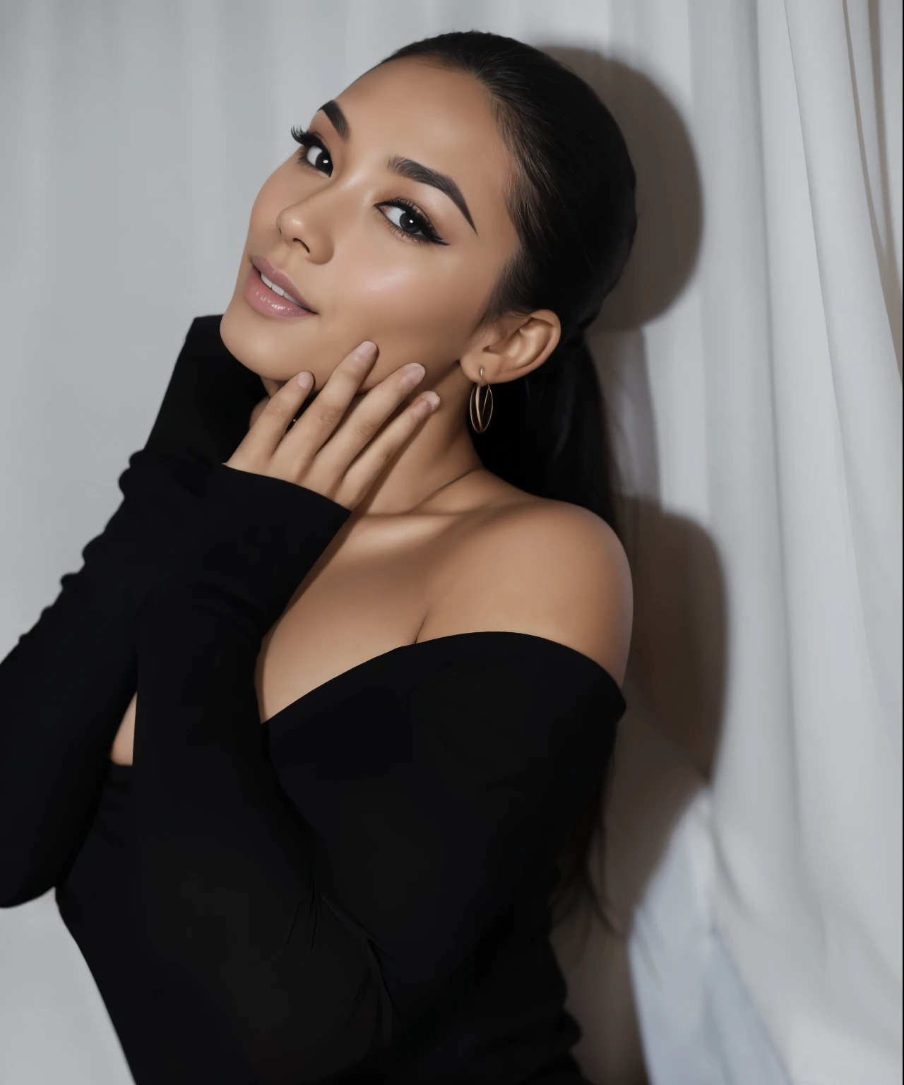 Young Thai woman, fit physique, fitness physique, wearing sexy black lingerie sitting on the couch with legs open, corps sexy, (8K), (best quality), (chef-d&#39;artwork:1.3), (Realistic), (photorealistic:1.34), Ultra-detailed, [Beautiful detailed eyes], (sourire), (sourire), (beautiful nose detailed), [very long blonde hair], (haut court), lingerie noire, (superbes seins taille normale), (Gros plan), Profondeur de champ, full body view, sitting on sofa, legs spread, montrant l&#39;entrejambe, pieds en l'air