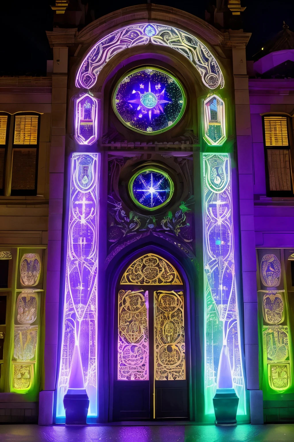 Magical Capital's academia facade blends modern cyber-punk and solar-punk with traditional Japanese elegance. Grand entrance gates shimmer with enchantments, featuring holographic runes. Floating spires, adorned with neon-lit carvings, boast futuristic displays of celestial phenomena. The entrance courtyard, guarded by animated stone golems, is flanked by bioluminescent flowers. Levitating fountains cascade down, forming intricate patterns powered by solar energy. A grandiose library, embedded with magically illuminated solar windows, stands at the heart. The facade seamlessly combines alchemical symbols in modern stonework, reflecting the fusion of ancient arts and advanced technology. Waterfalls flow from levitating fountains, merging the power of magic with renewable energy. The ancient trees surrounding the entrance create natural arches adorned with LED lights that change hues with the shifting seasons. During the day, the academy's facade is an awe-inspiring visual spectacle, capturing the essence of magic and technology in perfect harmony.