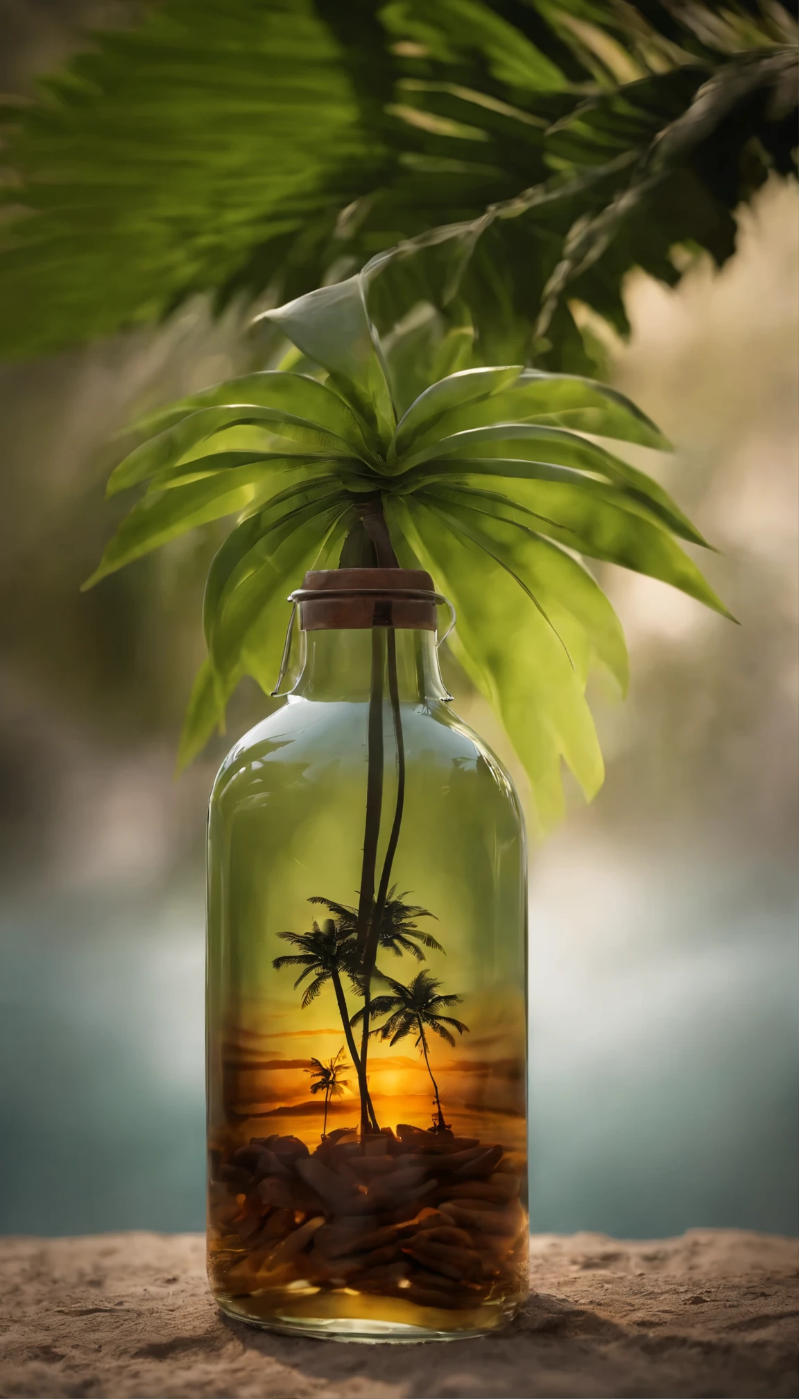 A rêveur art palm tree in a bottle, Duveteux, réaliste, Photographique, canon, rêveur, artistique, splendides feuilles et branches avec des dattes au-dessus de sa tête. Le réalisme photo ultra détaillé de Greg Rutkowski - H1024W 804 | Marqueurs d’objectif F16 2:Particules de film 2 S 35555 mm: 1 Contraste de mise au point net haute résolution réaliste!! L’éclairage réfractif atmosphérique complexe et détaillé d’Octane, Le chef-d’œuvre cinématographique du concept cinématographique d’Unreal Engine 5, présente la tendance de CGSociety