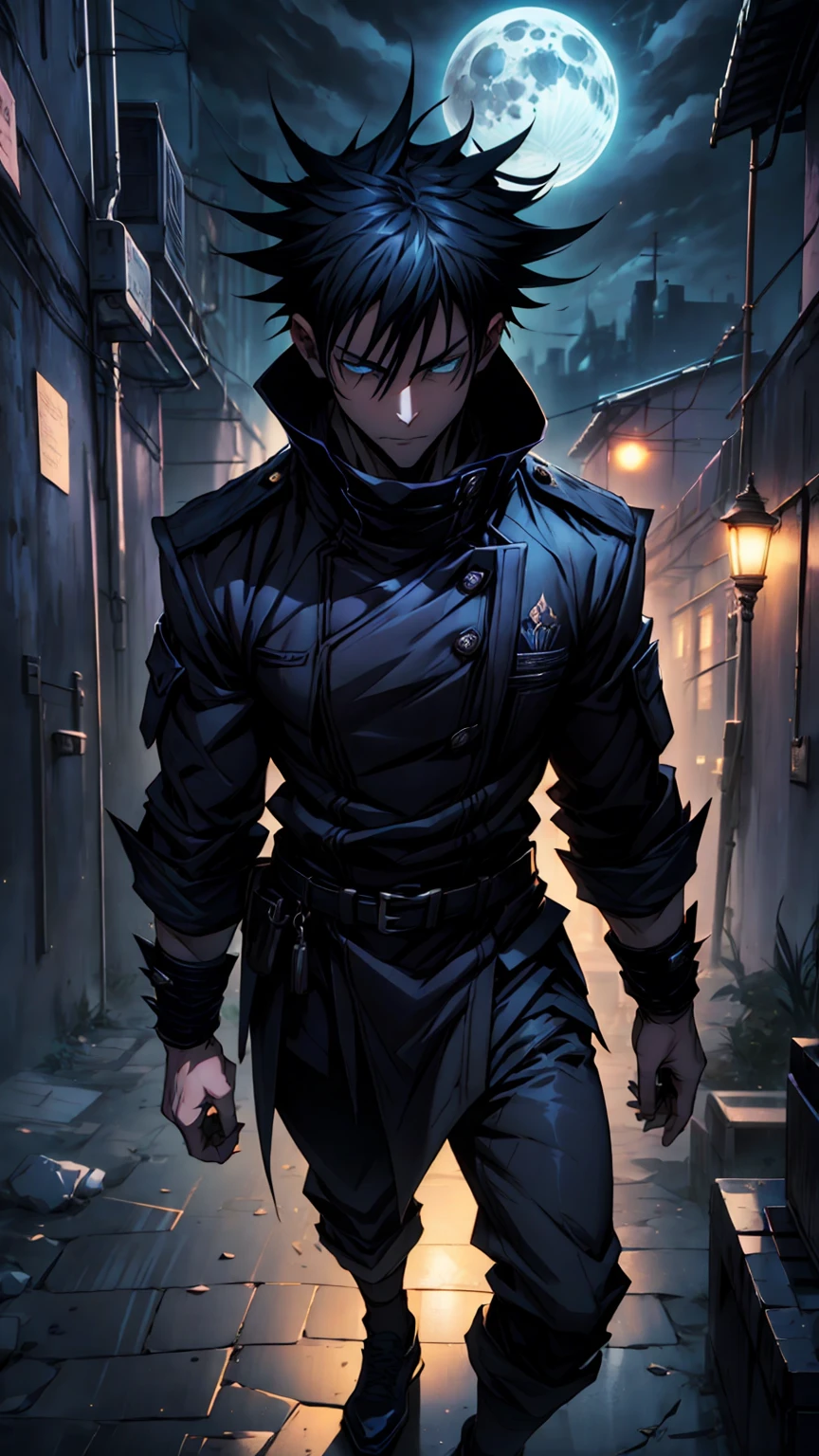 1boy, full body shot, 175 cm, megumi fushiguro, dark blue eyes, black outfit, black hair with long spikes that jut out in every direction around his head, wearing dark blue jacket over a long-sleeved white dress shirt. His uniform pants match his jacket,He wears long black socks, low-top brown shoes, dynamic battle pose, blue and dark moon city night background, wallpaper, cinematic,High resolution 8K, Bright light illumination, lens flare, sharpness, masterpiece, top-quality, The ultra -The high-definition, high resolution, extremely details CG, Anime style, Film Portrait Photography,masterpiece,hyperdetail, white and black wolf