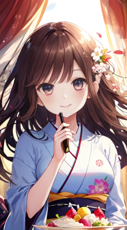 1 Girl, Japanese Clothing, Waitress, Medium Breasts, Long Tied Hair, Dark Brown Hair Color, Kimono, Looking At Viewer, Smiling, Holding Dobby With Parfait On It, Best Picture Quality, HDR, High Definition, Very Fine, {Beautiful Girl}, {Beautiful Girl}, (Fine Light) {{Involved Detail}}, {High Res} {{Girl}}, jewel-like eyes, {Flowers}, sun light, {{Surrounded by floating light}}, (((Fine Gorgeous Face)))