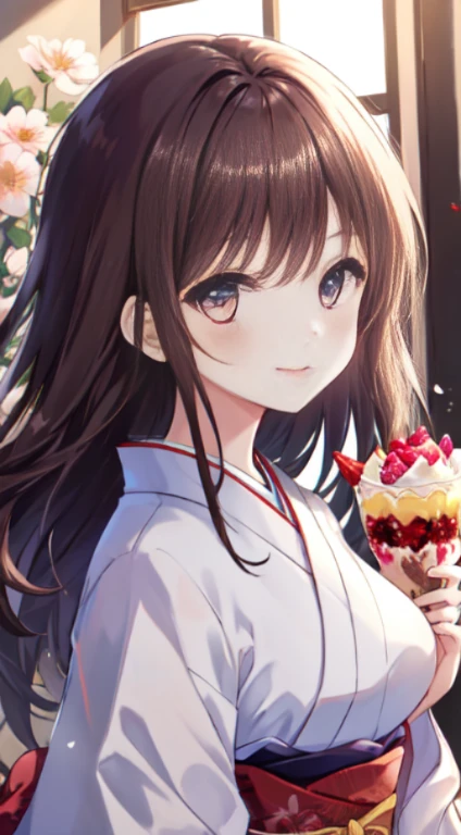 1 Girl, Japanese Clothing, Waitress, Medium Breasts, Long Tied Hair, Dark Brown Hair Color, Kimono, Looking At Viewer, Smiling, Holding Dobby With Parfait On It, Best Picture Quality, HDR, High Definition, Very Fine, {Beautiful Girl}, {Beautiful Girl}, (Fine Light) {{Involved Detail}}, {High Res} {{Girl}}, jewel-like eyes, {Flowers}, sun light, {{Surrounded by floating light}}, (((Fine Gorgeous Face)))