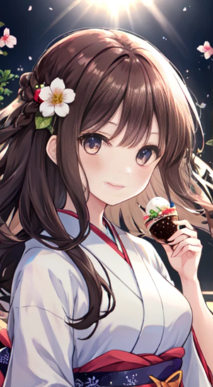 1 Girl, Japanese Clothing, Waitress, Medium Breasts, Long Tied Hair, Dark Brown Hair Color, Kimono, Looking At Viewer, Smiling, Holding Dobby With Parfait On It, Best Picture Quality, HDR, High Definition, Very Fine, {Beautiful Girl}, {Beautiful Girl}, (Fine Light) {{Involved Detail}}, {High Res} {{Girl}}, jewel-like eyes, {Flowers}, sun light, {{Surrounded by floating light}}, (((Fine Gorgeous Face)))