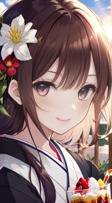 1 Girl, Japanese Clothing, Waitress, Medium Breasts, Long Tied Hair, Dark Brown Hair Color, Kimono, Looking At Viewer, Smiling, Holding Dobby With Parfait On It, Best Picture Quality, HDR, High Definition, Very Fine, {Beautiful Girl}, {Beautiful Girl}, (Fine Light) {{Involved Detail}}, {High Res} {{Girl}}, jewel-like eyes, {Flowers}, sun light, {{Surrounded by floating light}}, (((Fine Gorgeous Face)))