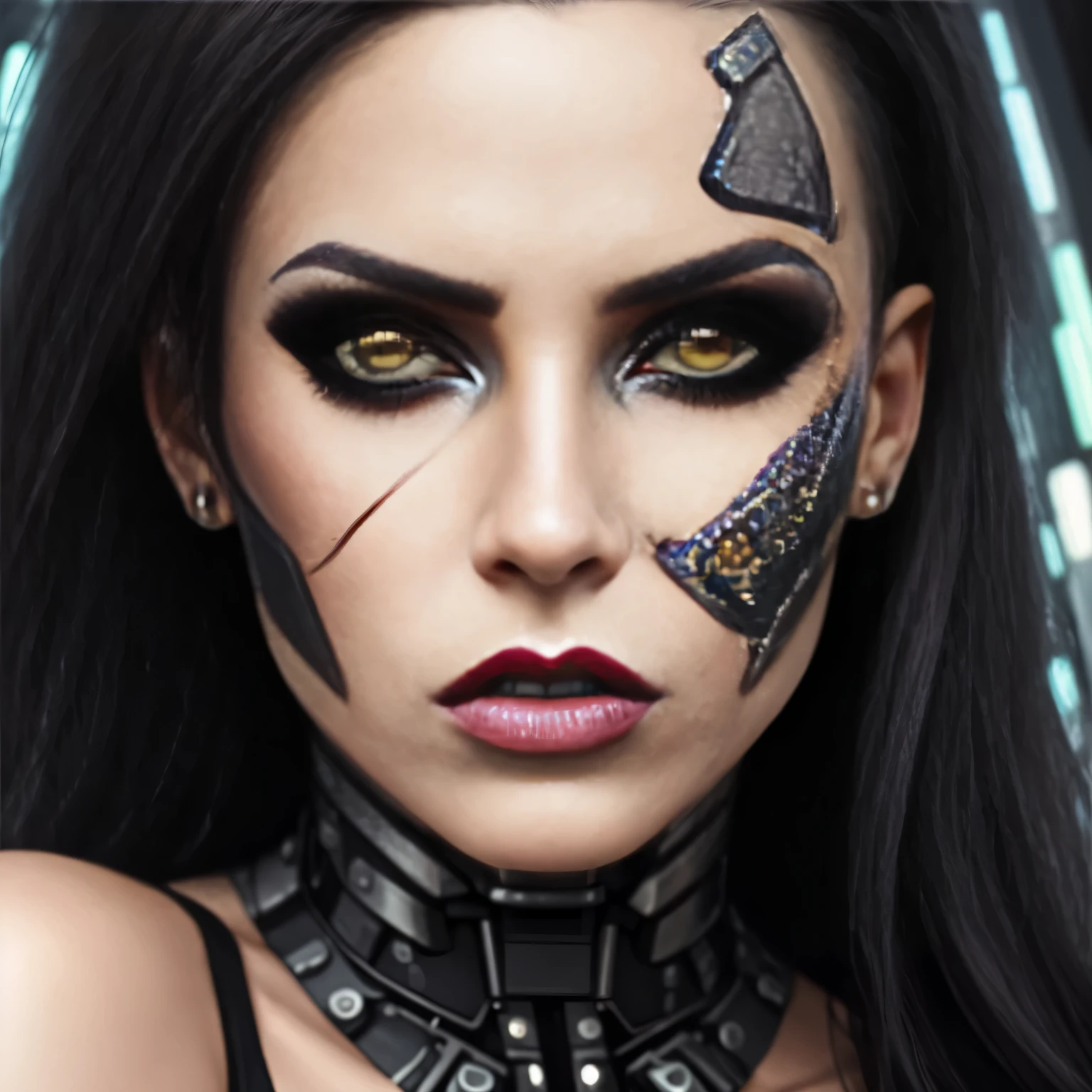 a close-up of a woman with a very strange face and strange hair, horror cyberpunk style, angry cyberpunk beautiful goddess, cyborg woman, hyper-realistic cyberpunk style, cyborg girl, cyberpunk style,hyper-realistic, intricate cyberpunk makeup - up, cyborg - girl, cyborg fashion model, Detailed portrait of a cyborg, cyberpunk cyborg, angry female cyborg